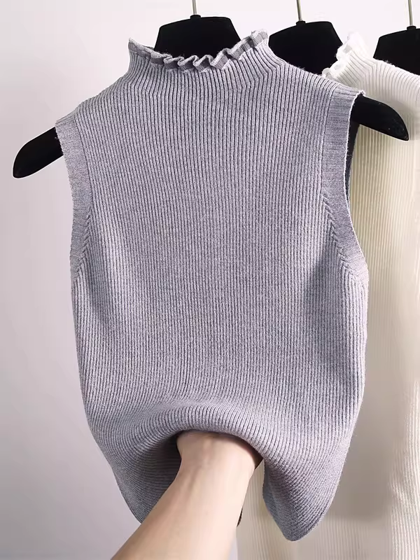 Giảm giá: Quần áo nữ Nanyou, cắt nhãn, cổ cao nửa cổ, áo ba lỗ không tay phối ren, lớp bên trong, ôm vừa vặn, áo thon gọn.