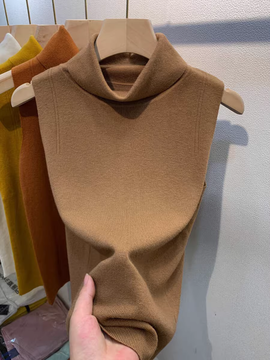 Áo len dệt kim cổ cao kiểu châu Âu dành cho nữ, lớp áo không tay mới mùa thu đông, áo len ôm sát, áo độc đáo.