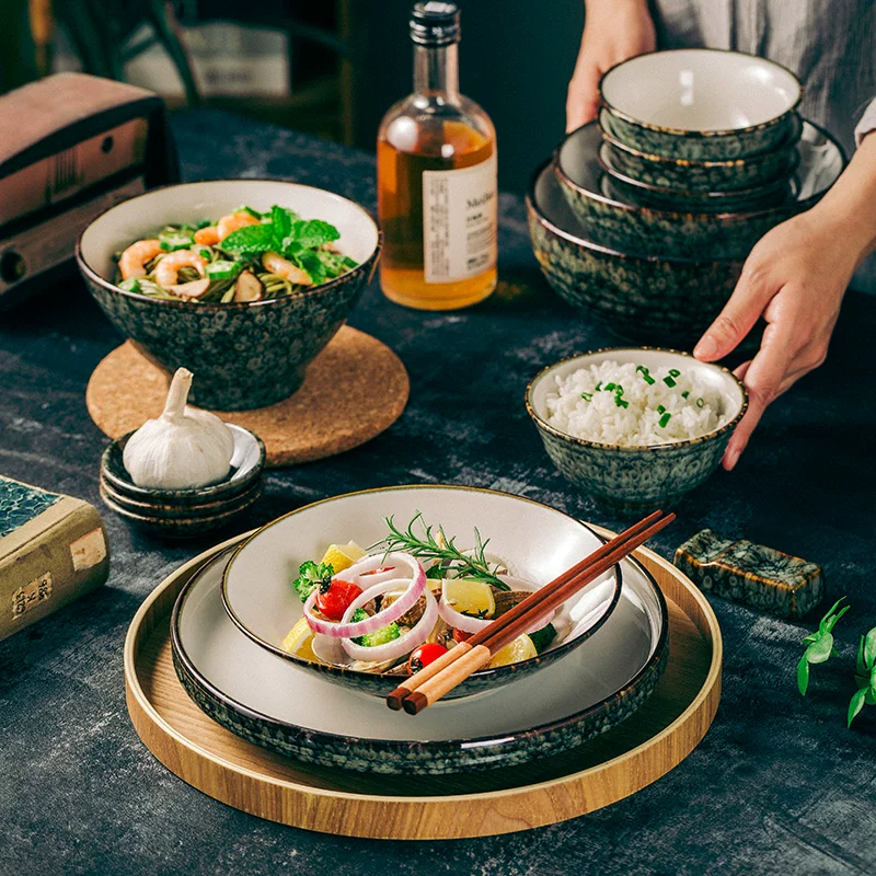 Bộ bát đĩa gốm sứ mới 2026 phong cách retro, kiểu Nhật Bản, sáng tạo, cao cấp, gồm bát, đĩa, đũa, tô canh kiểu Trung Quốc