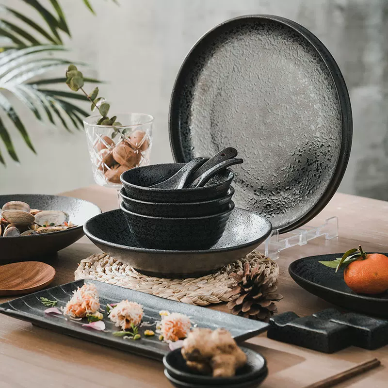 Bộ đồ ăn gia đình, phong cách retro đơn giản, bộ đồ ăn Nhật Bản thời thượng, bát đĩa sáng tạo, đũa, bát cơm, đĩa, thiết kế độc đáo kiểu Trung Hoa.