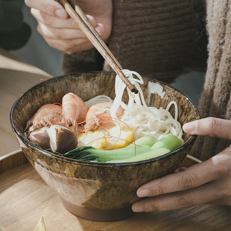 Bát mì Henghong Jingdezhen gốm sứ cao cấp, bát súp lớn, dùng trong nhà, phong cách Wabi-Sabi, bát hình nón, bát mì cổ điển.
