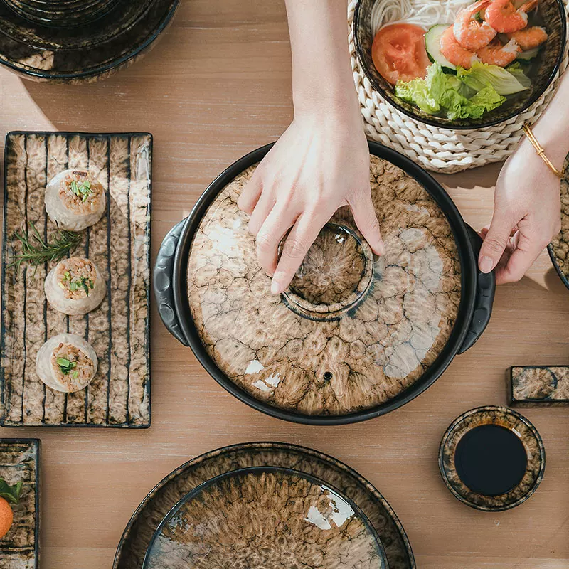 Bộ bát đĩa kiểu Trung Quốc dùng trong gia đình, bộ đồ ăn gốm sứ Cảnh Đức Trấn men lò đất tím, sứ cao cấp với họa tiết da báo.