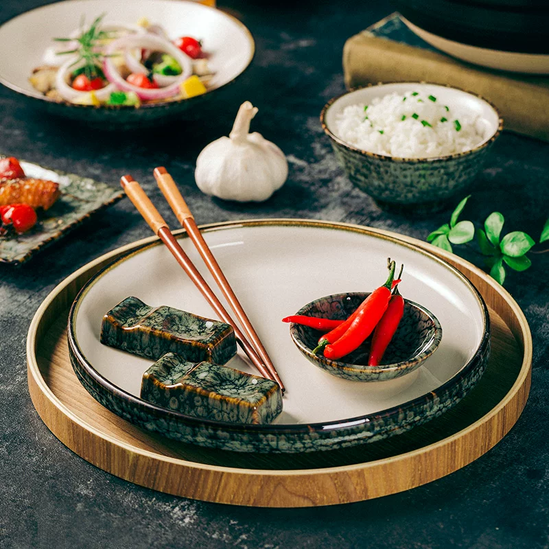Bát đĩa kiểu cổ điển Trung Quốc, bộ đồ ăn màu xanh ngọc lục bảo được làm thủ công bằng lò nung, bát đũa kiểu Nhật, bát cơm, đĩa, bát súp dành cho một người.