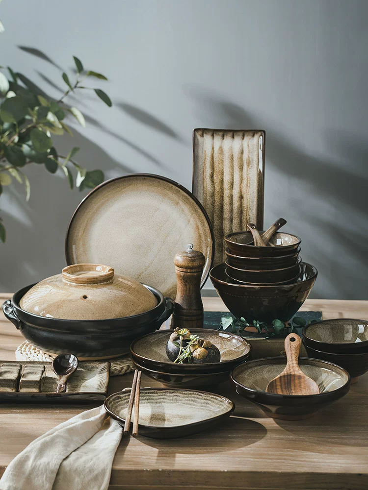 Bộ đồ ăn gia dụng, bộ đồ ăn gốm đất tím Jingdezhen nung lò, đĩa và bát kiểu Nhật cao cấp, phong cách Trung Hoa và Nhật Bản sang trọng nhẹ nhàng.