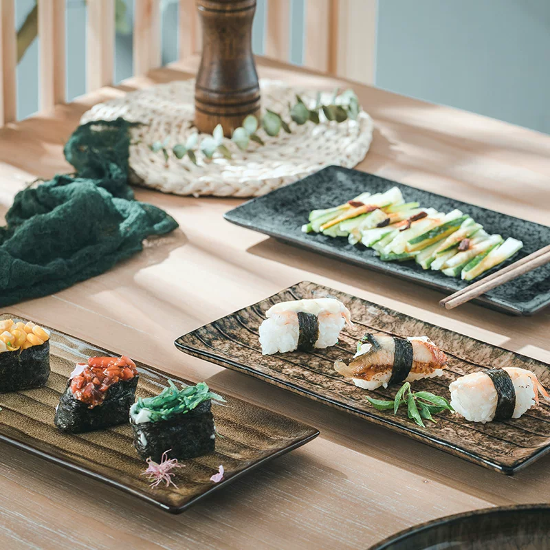Đĩa hình chữ nhật sáng tạo, đĩa sushi, đĩa sứ cổ điển, đĩa cá gia dụng, đĩa ăn cao cấp, đĩa phẳng, phong cách gỗ tự nhiên.