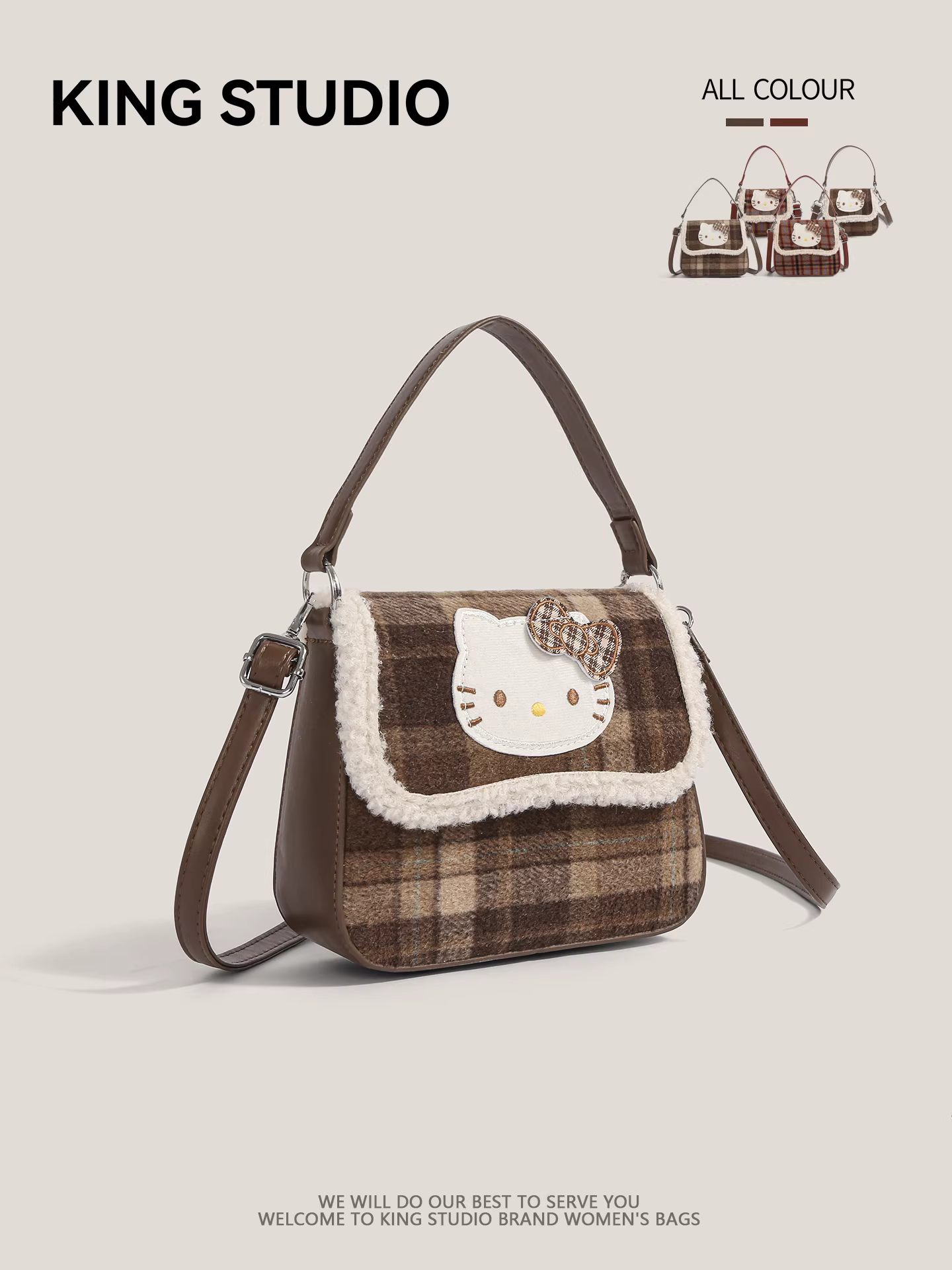 Túi len kẻ caro Hello Kitty dễ thương dành cho nữ, mẫu mới 2025, túi điện thoại mini hoạt hình Hello Kitty retro