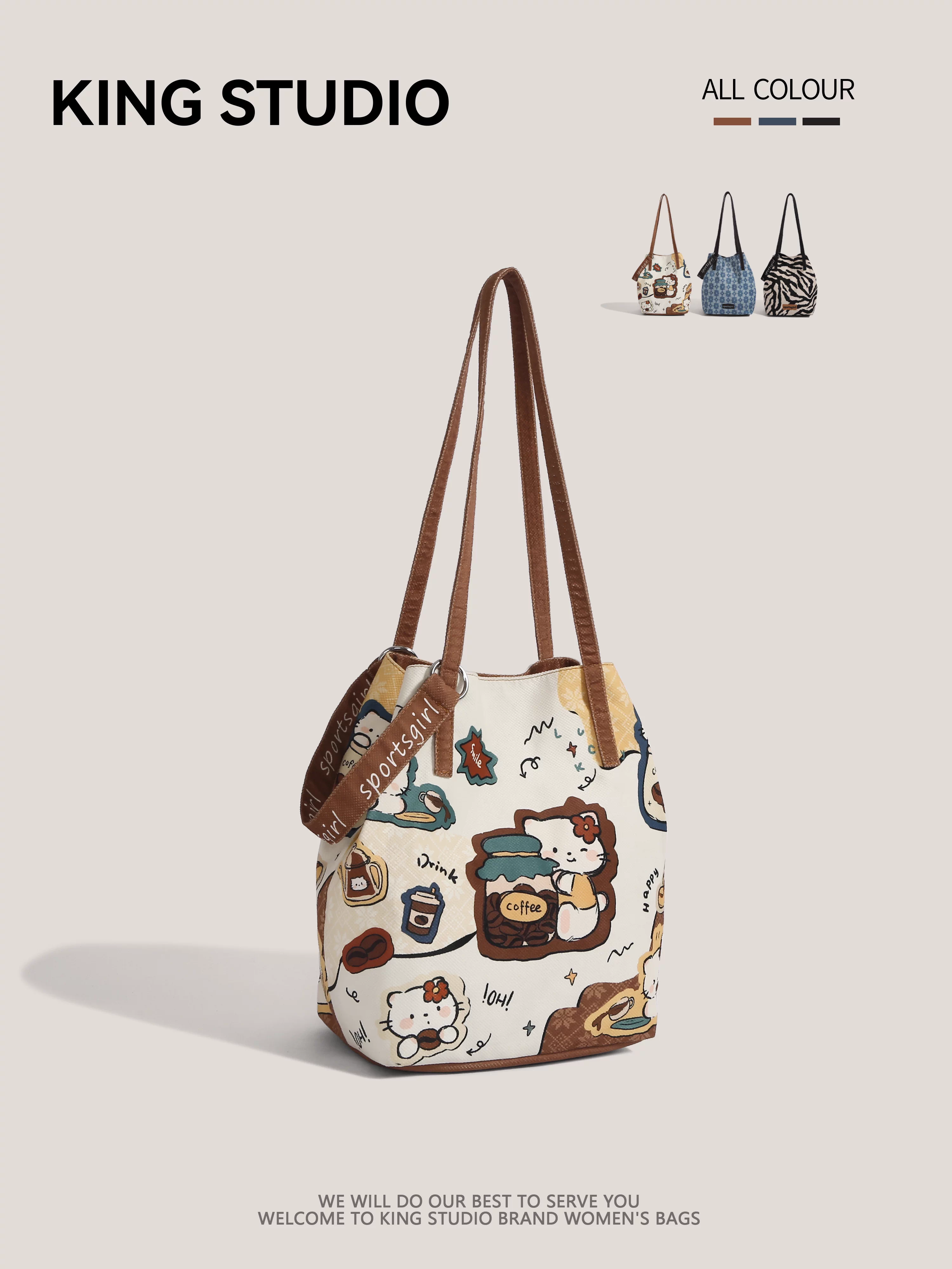 Túi vải canvas hình mèo hoạt hình dễ thương dành cho nữ, mẫu mới 2025, dung tích lớn, đeo vai, kiểu túi đeo vai, túi tote đi học