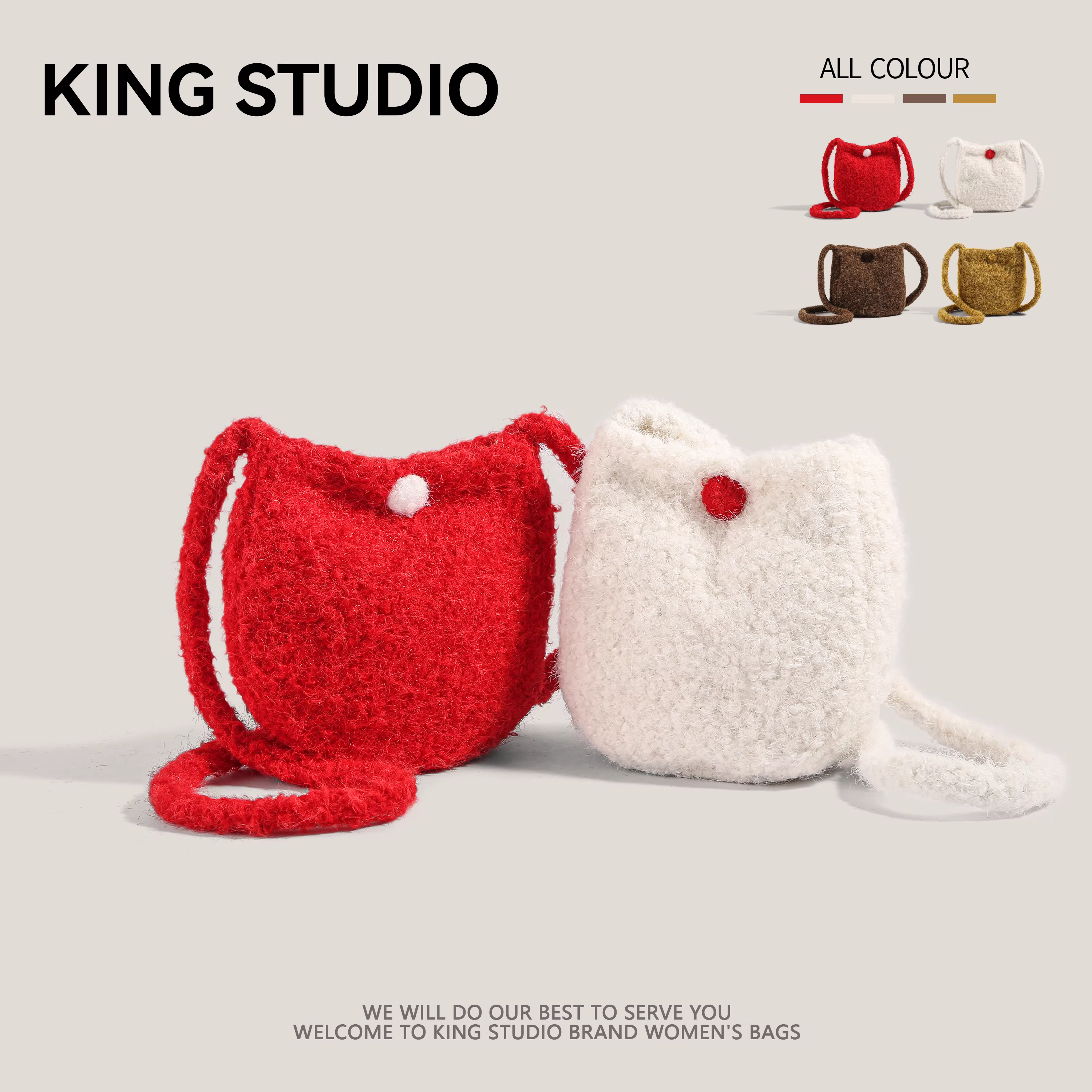 Túi xách len mùa thu đông dành cho nữ kiểu mới 2025, đeo vai, đeo chéo, túi điện thoại lông nhung đỏ Tết