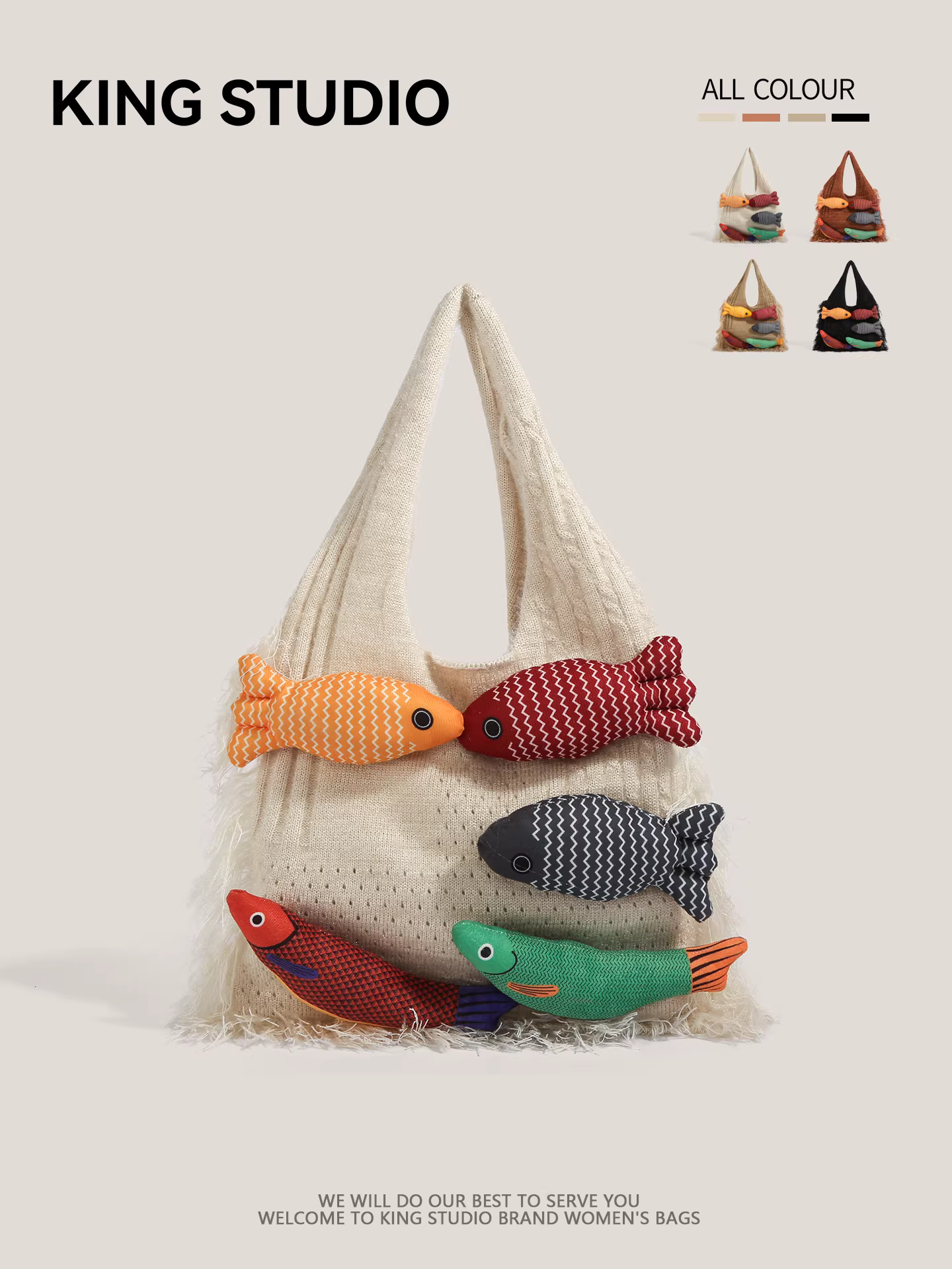 Túi xách thiết kế độc đáo và lạ mắt, túi tote dệt kim hình cá nhiều màu sắc dễ thương dành cho nữ, túi đeo vai đi nghỉ mát dung tích lớn.