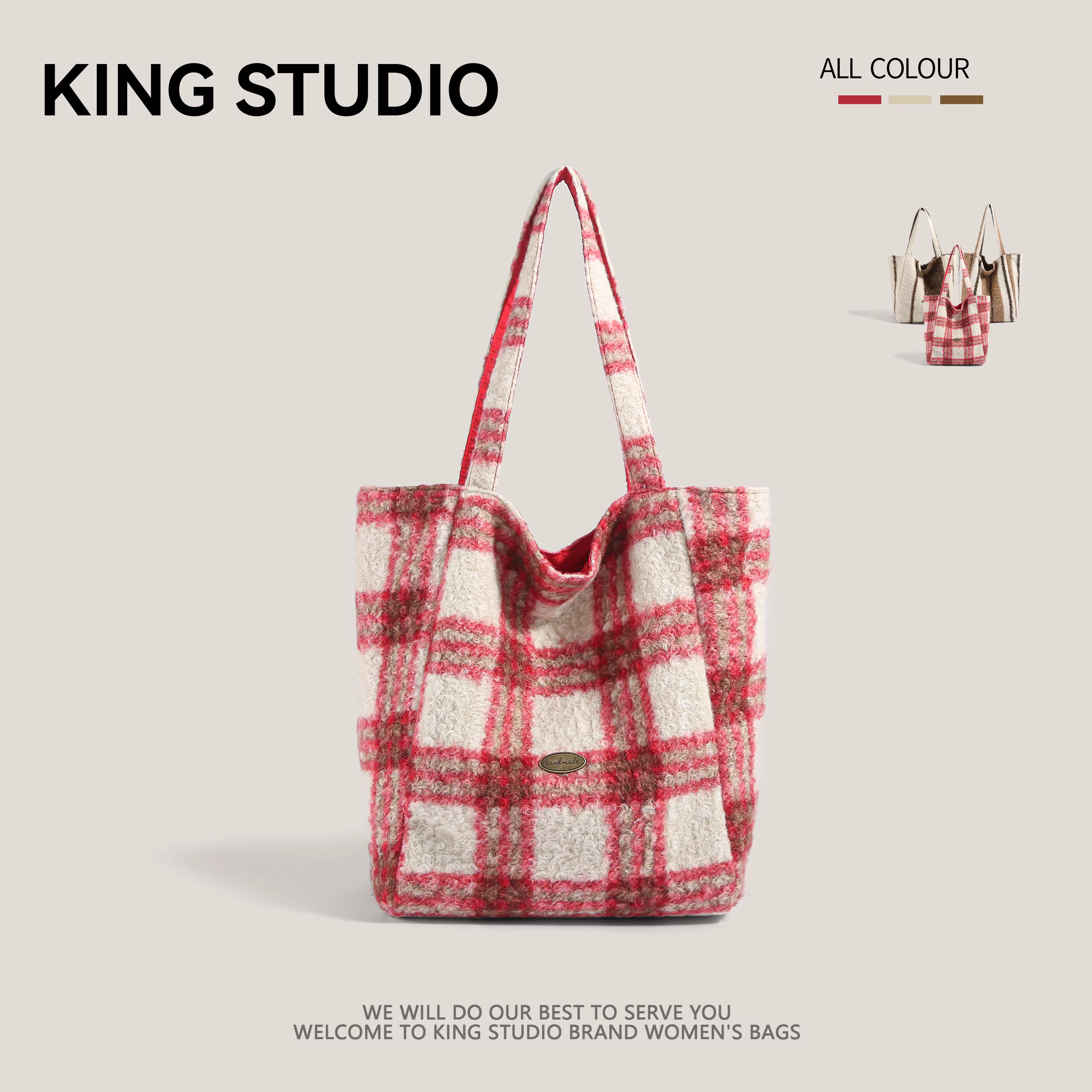 Túi đeo vai len phong cách Hàn Quốc dung tích lớn dành cho nữ, mẫu mới 2025, thời trang thu đông, họa tiết ca rô, chất liệu lông mềm, túi tote đi làm