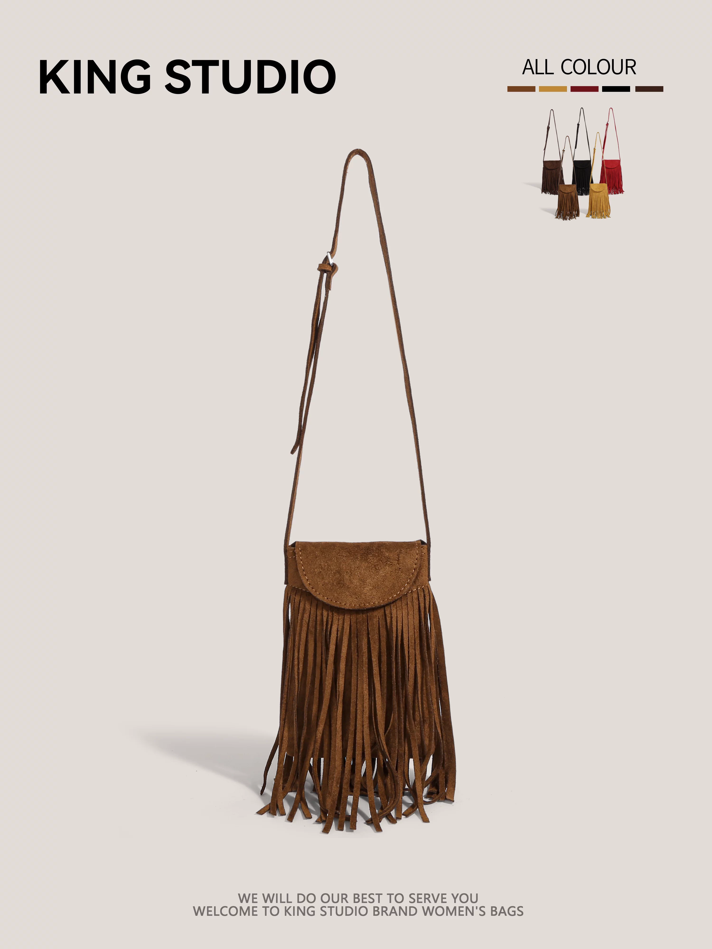 Túi đeo chéo nhỏ phong cách cao bồi vùng hoang dã dành cho nữ, mẫu mới 2025, màu nâu Maillard, kiểu boho retro, có tua rua