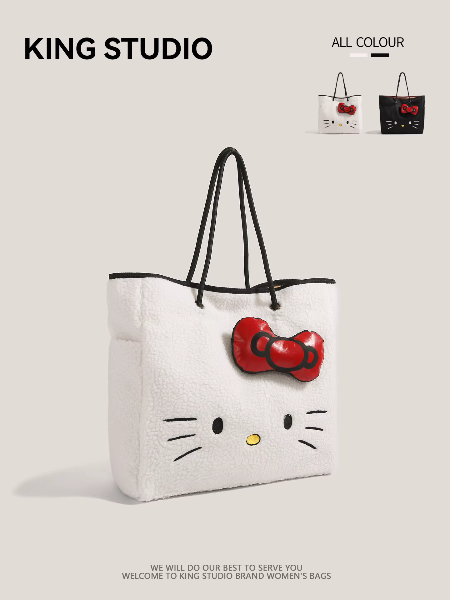Túi tote len cừu Hello Kitty dễ thương dành cho nữ, mẫu mới 2025, thời trang hoạt hình Hello Kitty, dung tích lớn, đeo vai
