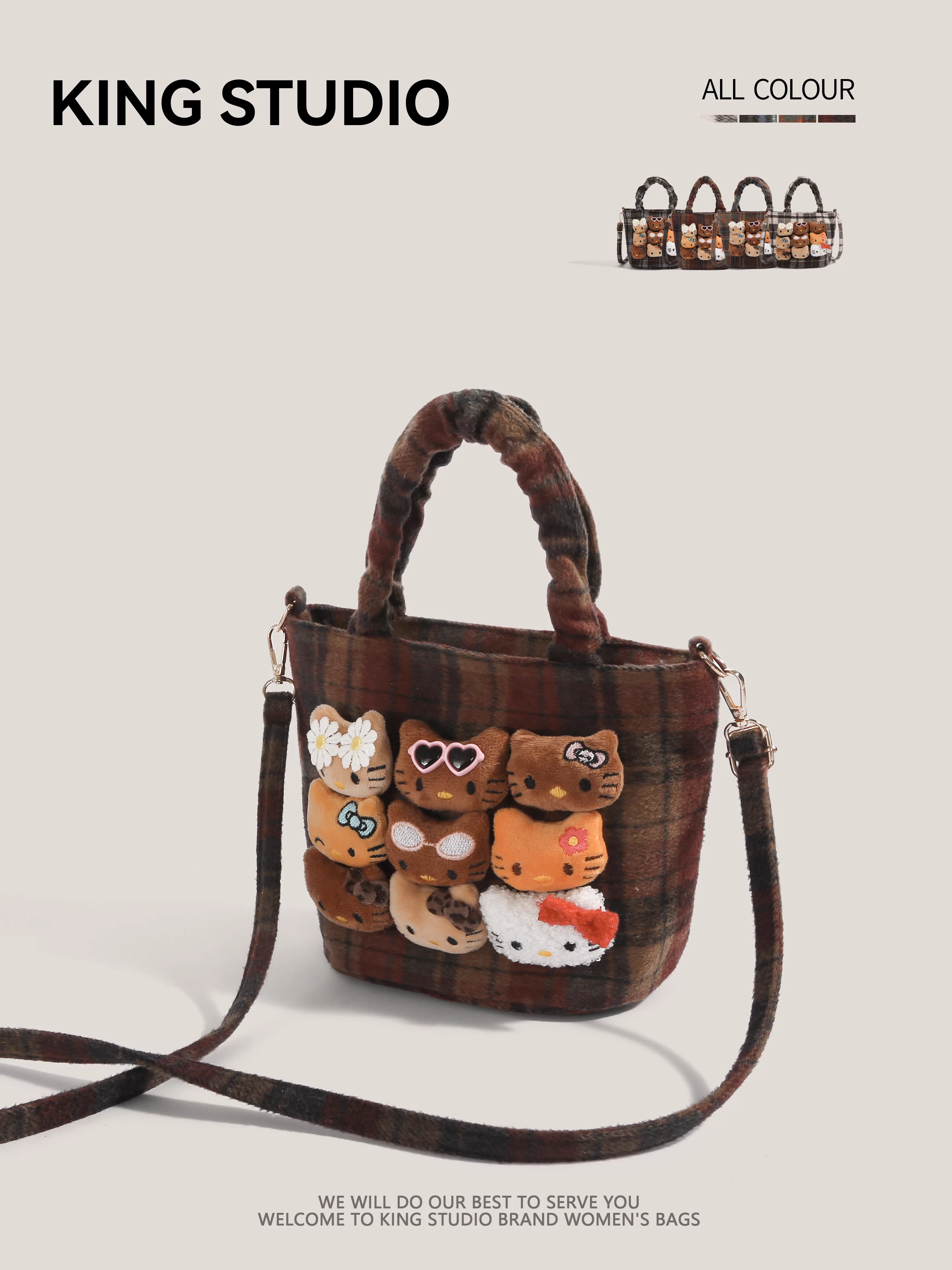 Túi xách len Hello Kitty dễ thương dành cho nữ, mẫu mới 2026, kiểu kẻ caro retro đa năng, đeo vai, đeo chéo