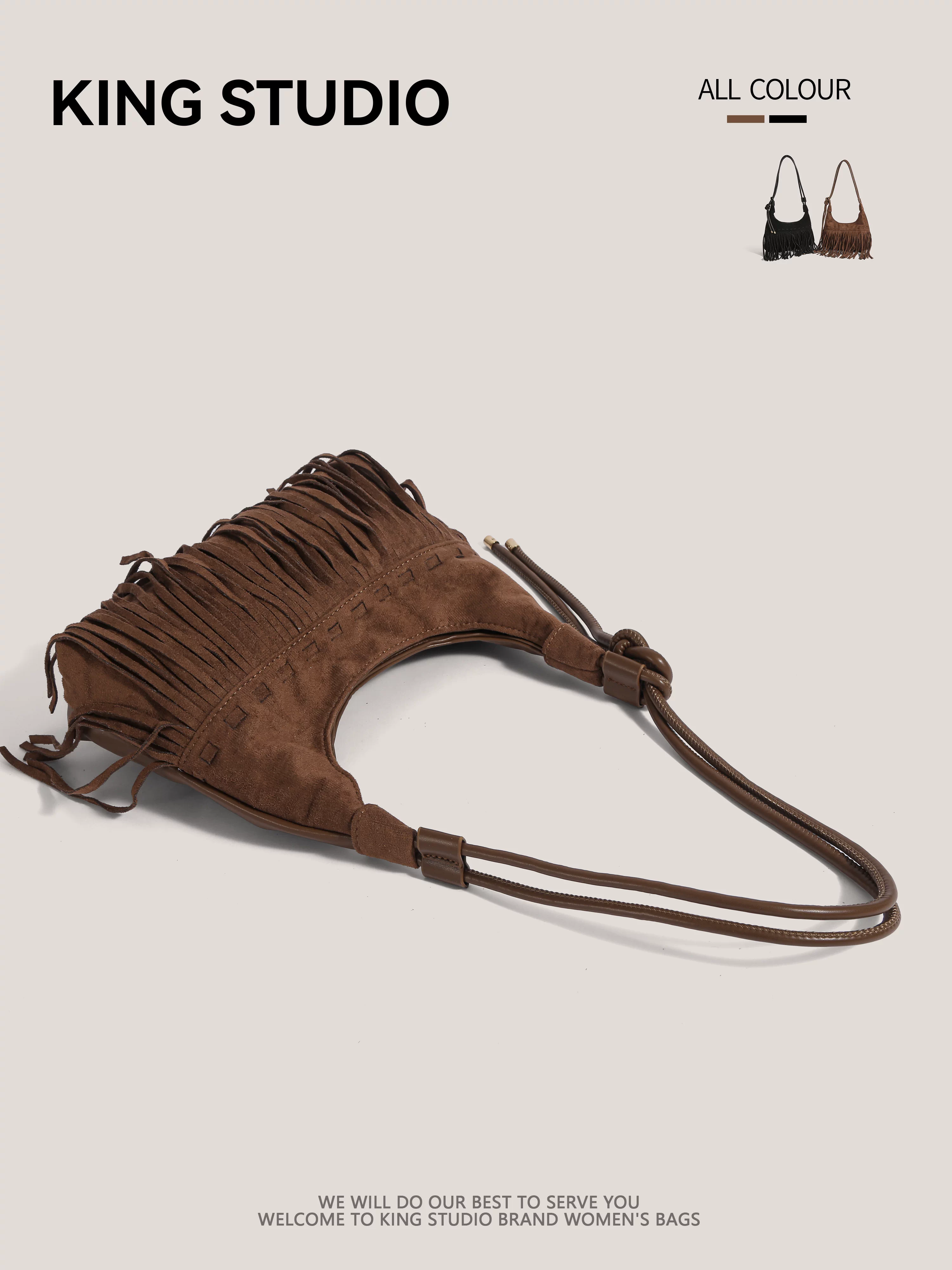 Túi đeo chéo da lộn cao cấp dành cho nữ, kiểu mới thu đông 2025, phong cách boho retro, có tua rua