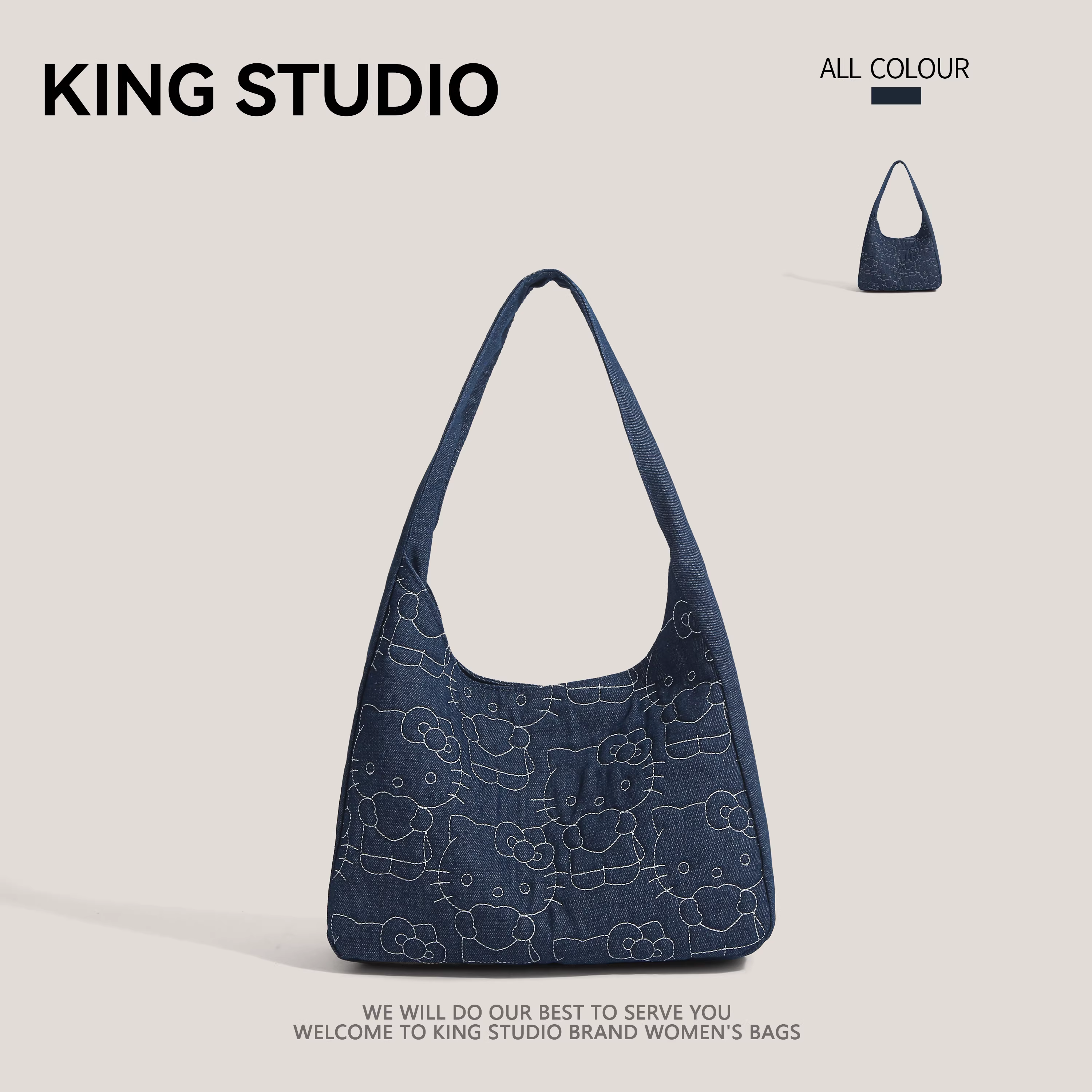 Túi denim hình mèo hoạt hình dễ thương dành cho nữ, mẫu mới xuân hè 2025, dung tích lớn, túi đeo vai, túi tote đựng đồ đi học đi làm