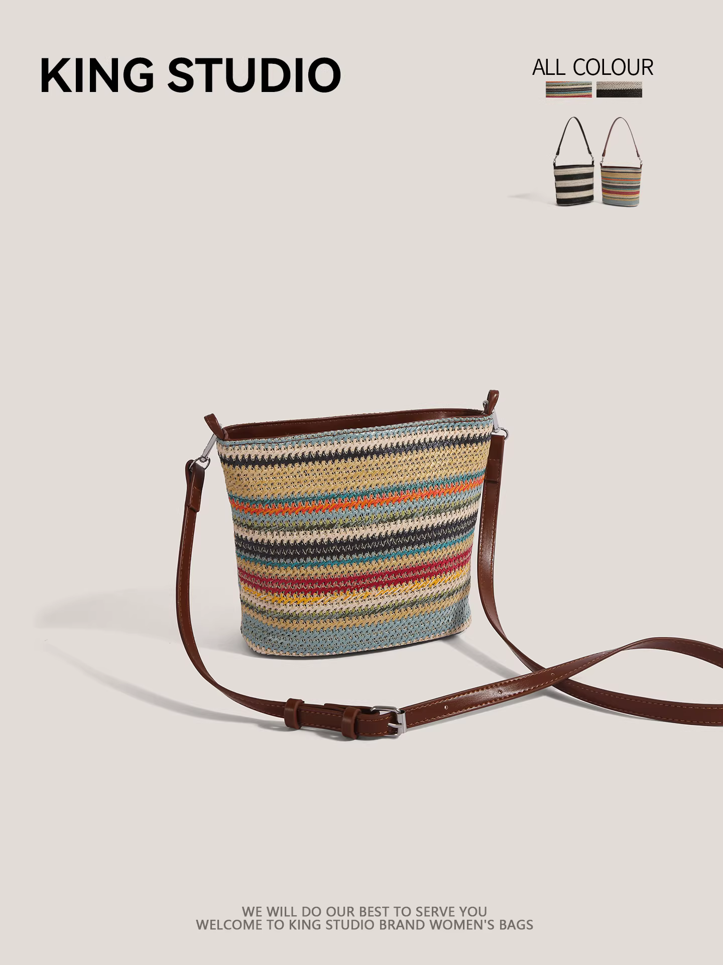 Túi cói dệt sọc cầu vồng mùa hè dành cho nữ, kiểu mới 2025, túi đeo vai/chéo đi biển