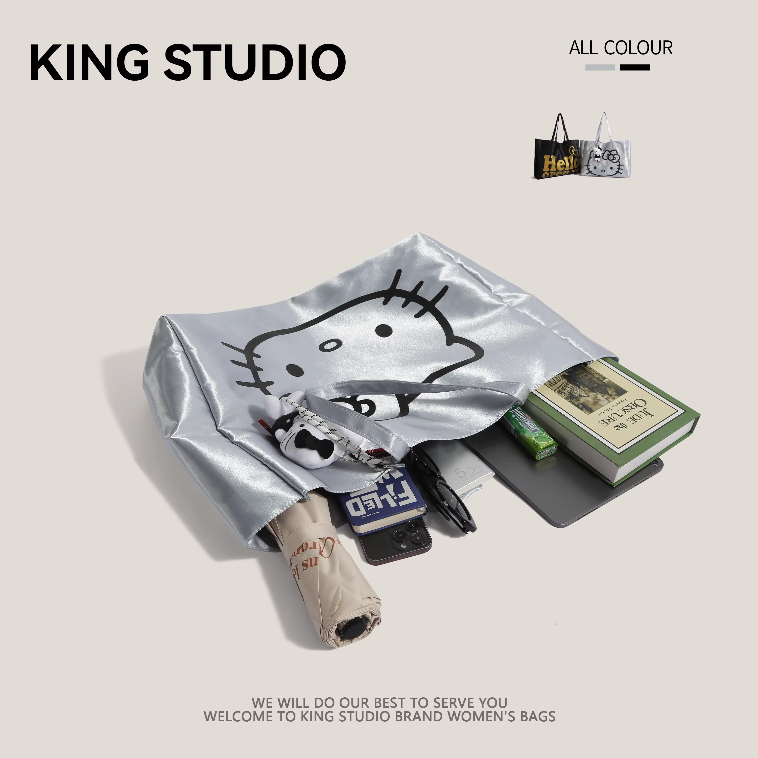 Túi tote laser bạc HelloKitty dung tích lớn dễ thương Túi đeo vai Hello Kitty dễ thương Túi mua sắm cầm tay