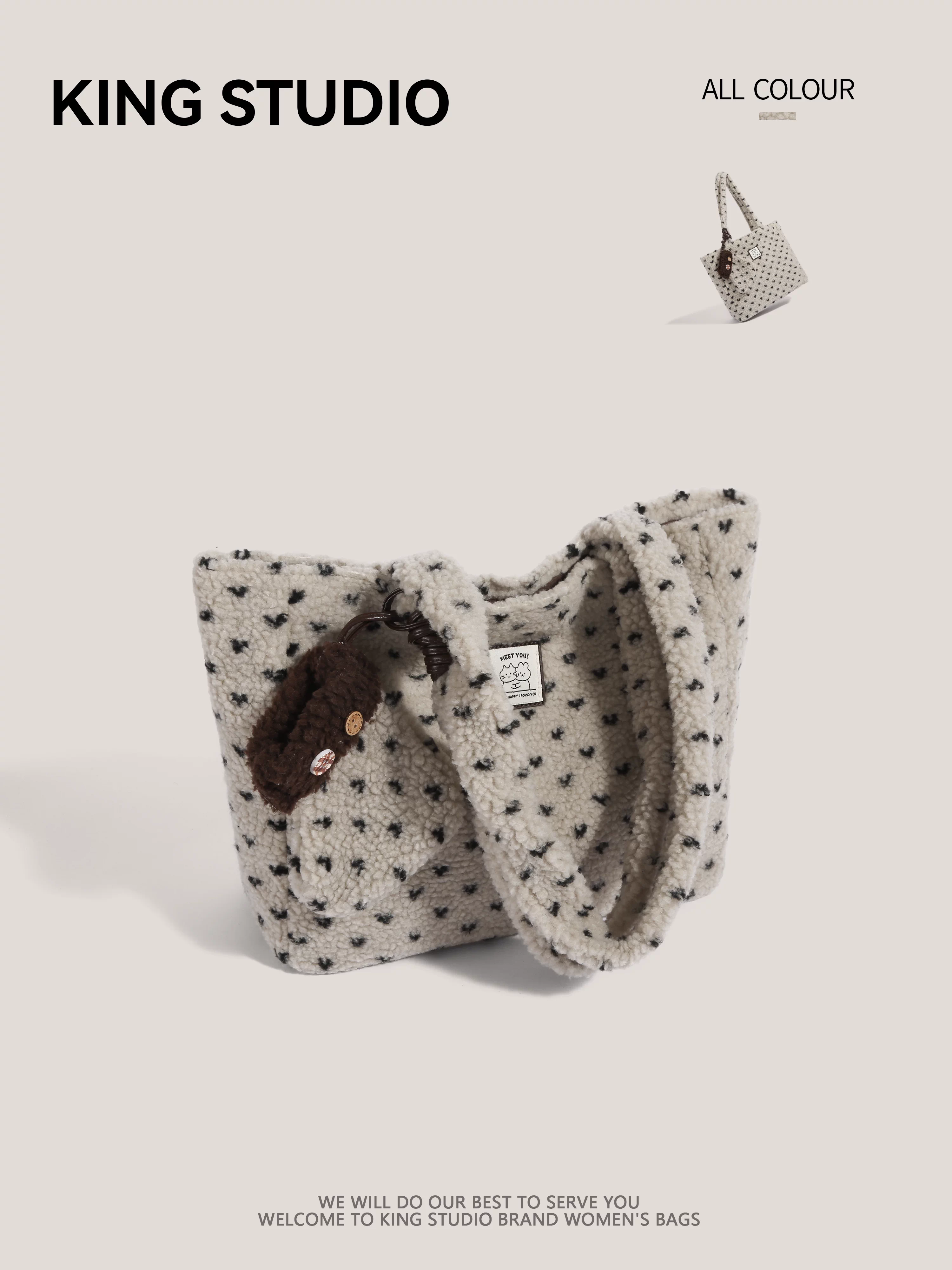 Túi tote len cừu chấm bi phong cách Hàn Quốc dành cho nữ, mẫu mới 2026, thời thượng, độc đáo, retro, đa năng, đeo vai, đi làm