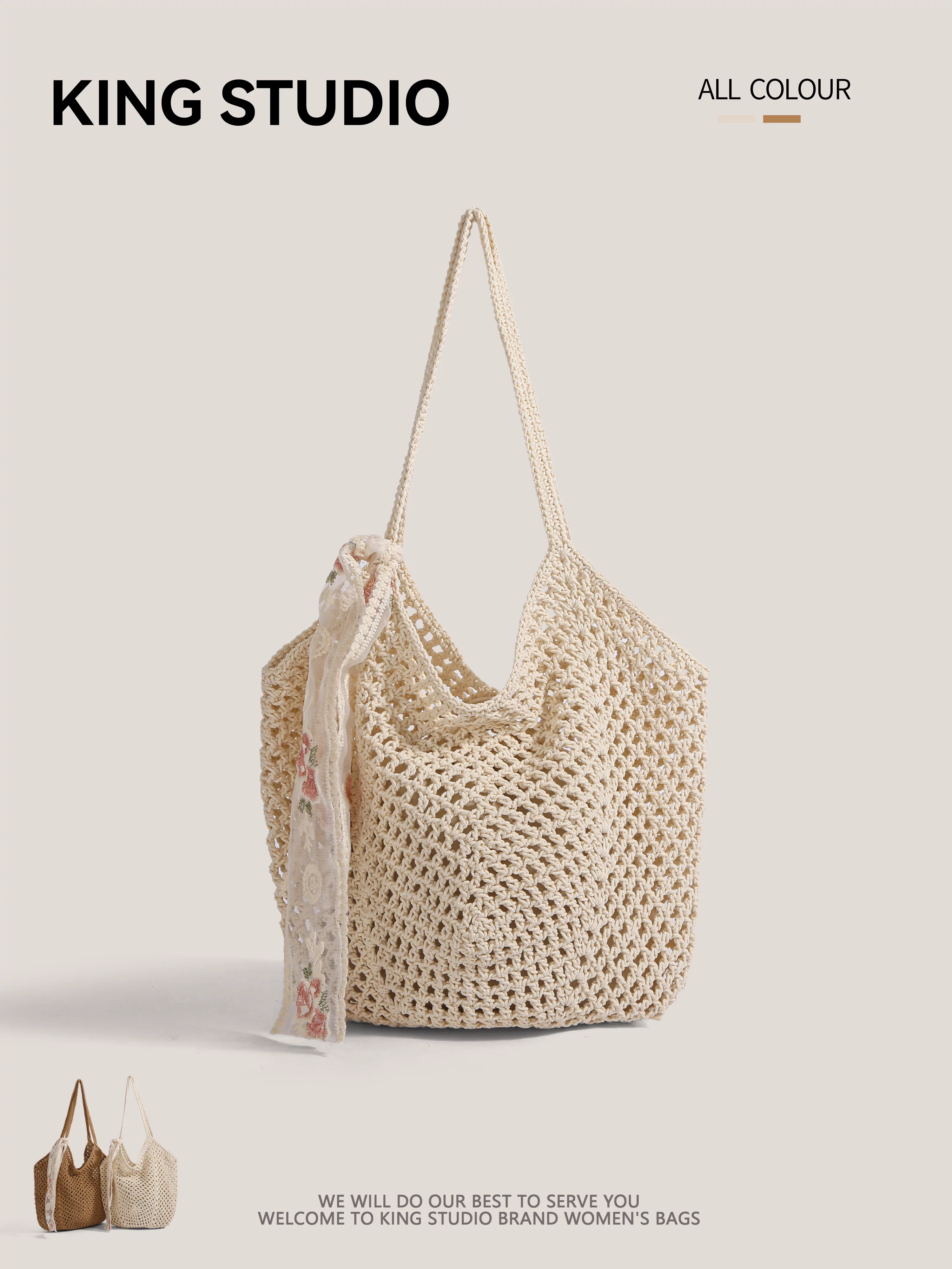 Túi dệt thủ công khoét lỗ dành cho nữ, phong cách giản dị mùa hè, túi cói dung tích lớn, túi đi biển đeo vai cho kỳ nghỉ biển.