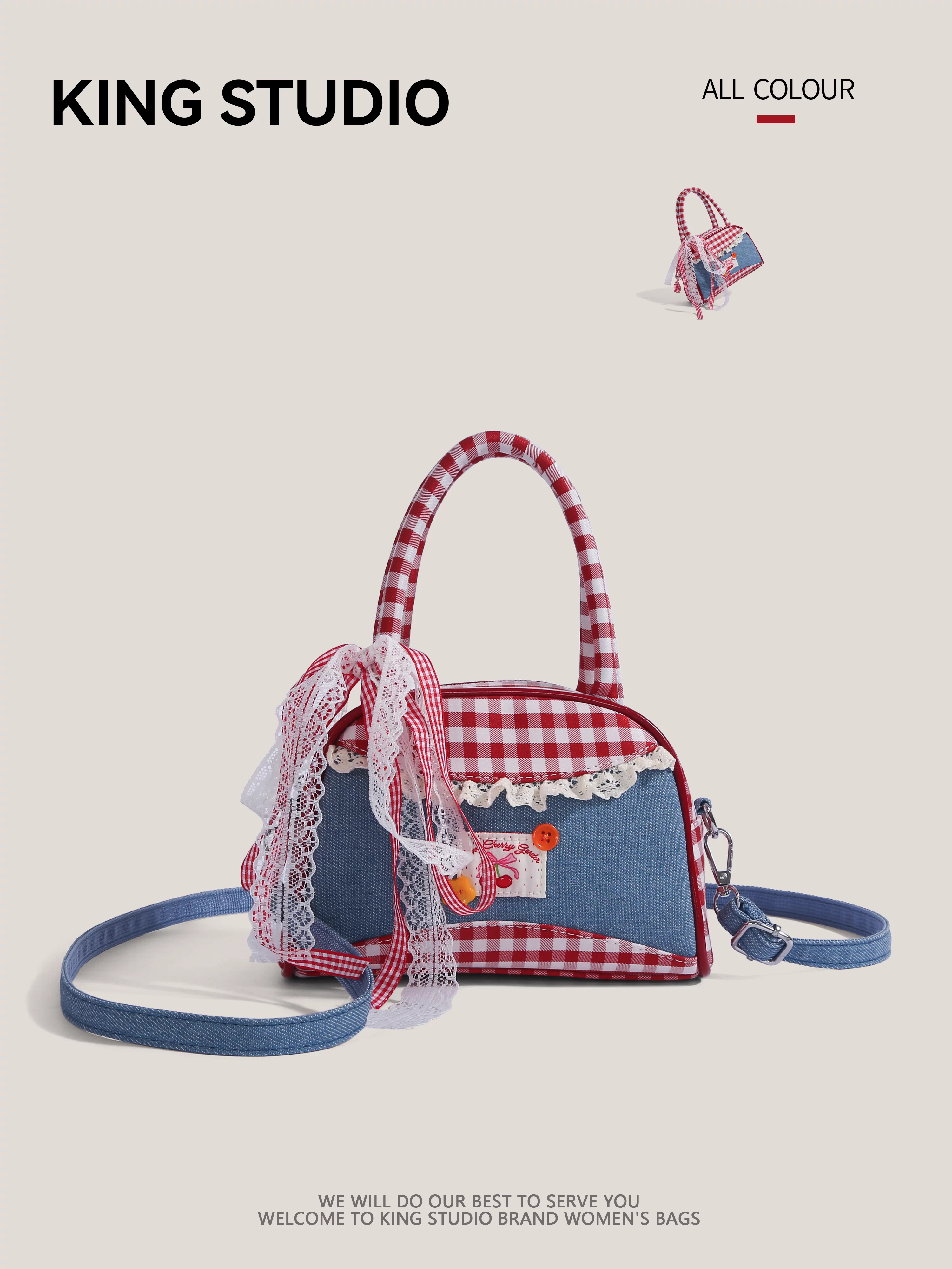 Túi xách bowling kẻ caro nơ denim thời trang nữ 2025 mới, đa năng, đeo vai, đeo chéo