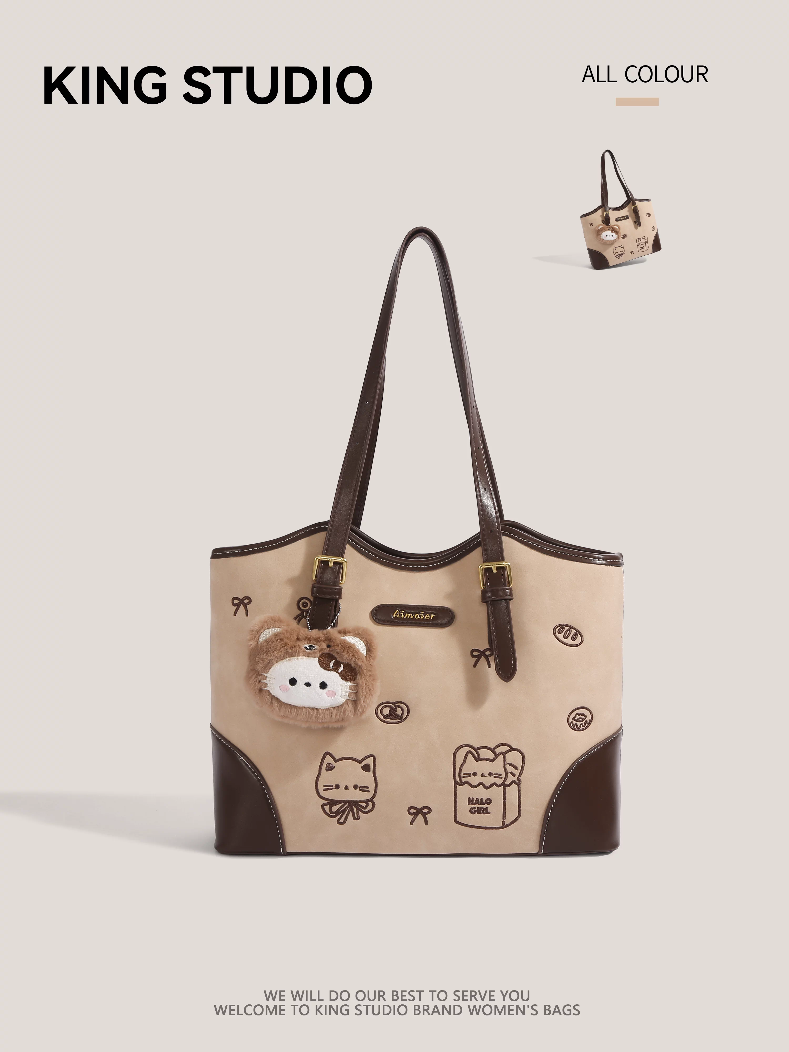 Túi tote hình mèo con dễ thương dành cho nữ, mẫu mới thu đông 2025, hoạt hình đa năng, túi đeo vai, dung tích lớn, túi đi làm