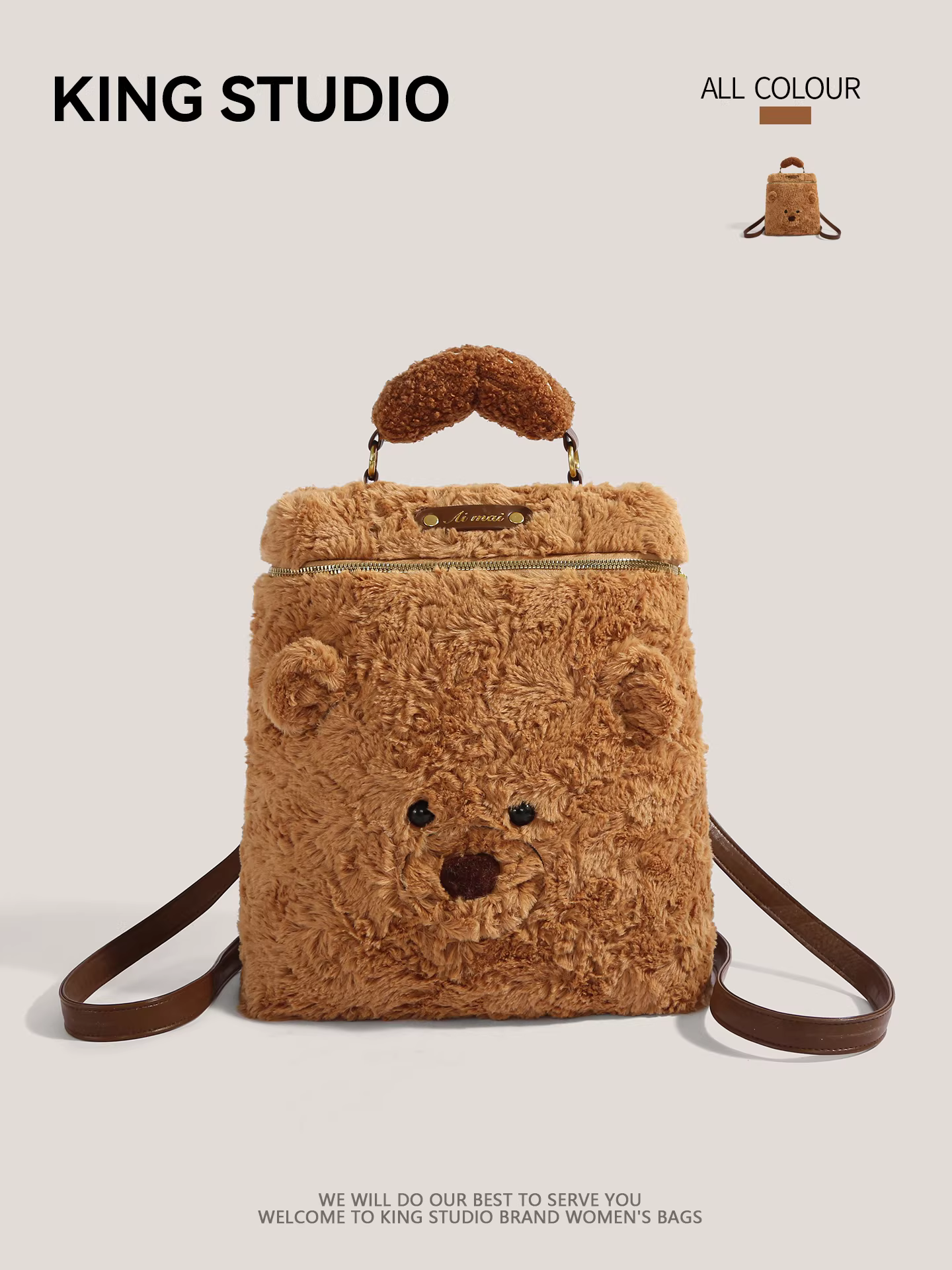 Ba lô gấu dễ thương dành cho nữ, mẫu mới thu đông 2025, thời trang xu hướng, túi lông thú hoạt hình, ba lô đeo vai dung tích lớn, phong cách thường ngày