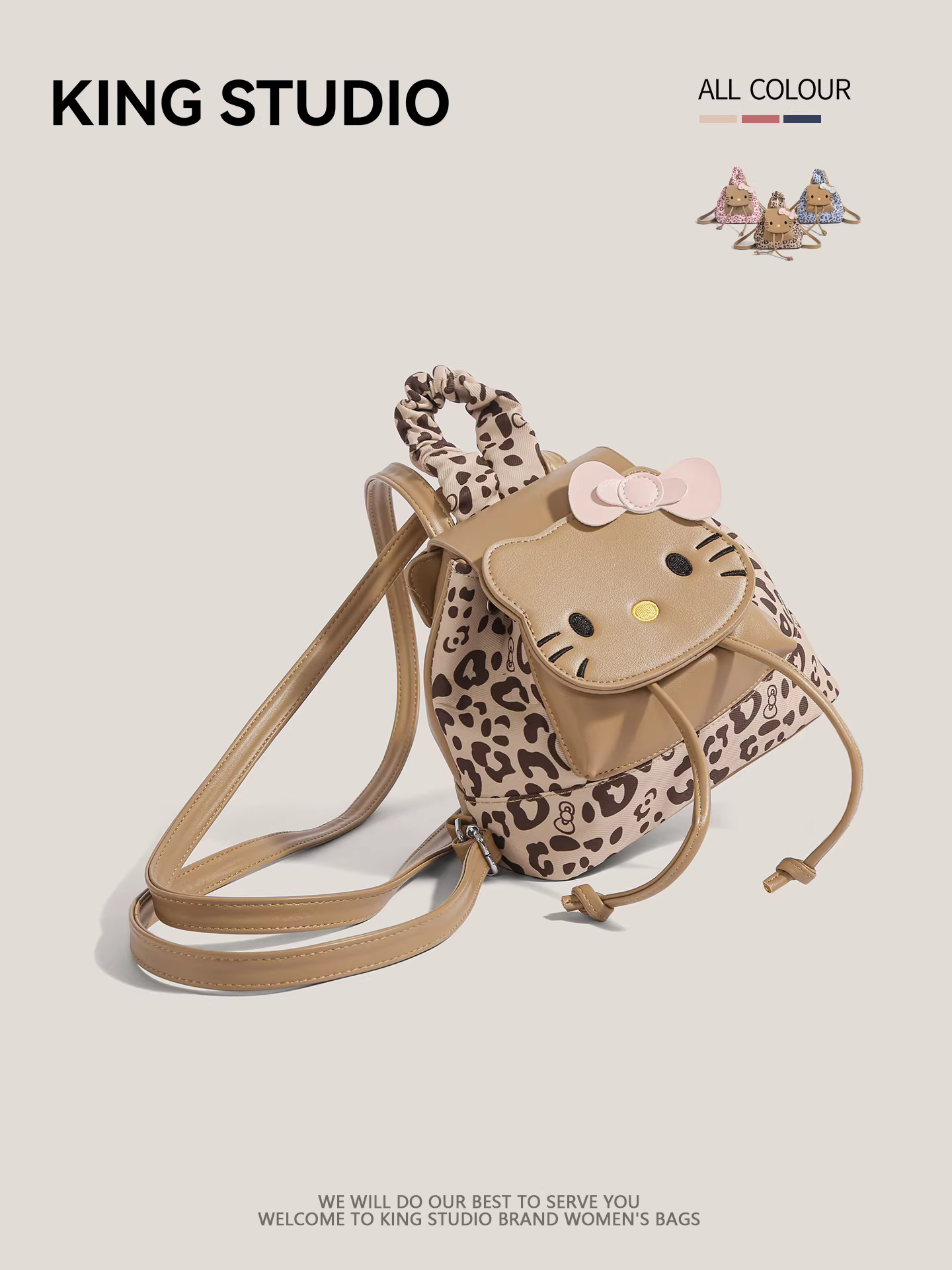 Ba lô in hình báo đốm Hello Kitty dễ thương dành cho nữ, mẫu mới 2025, phong cách thời trang đại học, ba lô mini hoạt hình Hello Kitty