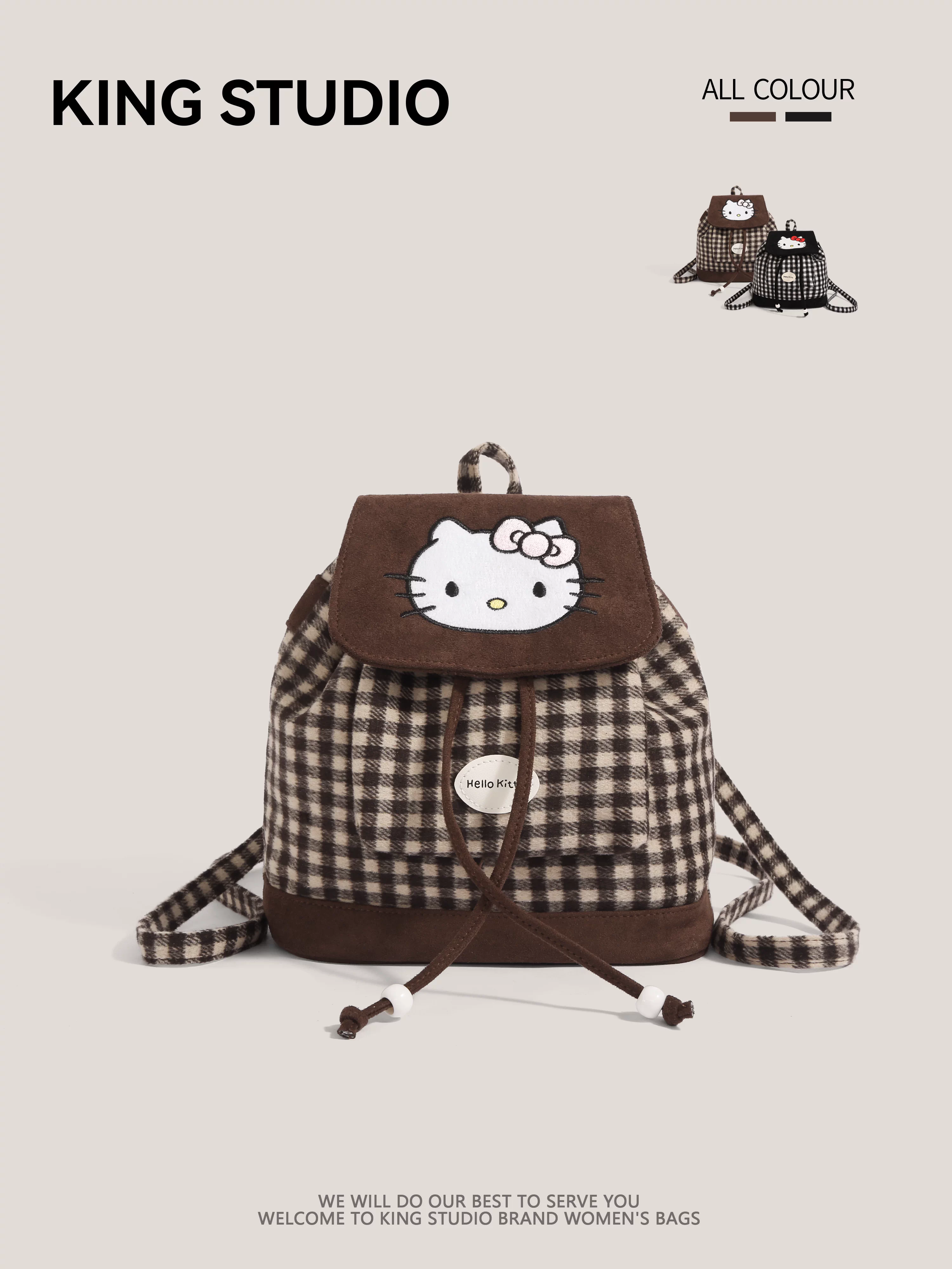 Ba lô Hello Kitty kẻ caro dễ thương dành cho nữ, mẫu mới 2025, thời trang hoạt hình Kitty, đa năng, dùng đi làm