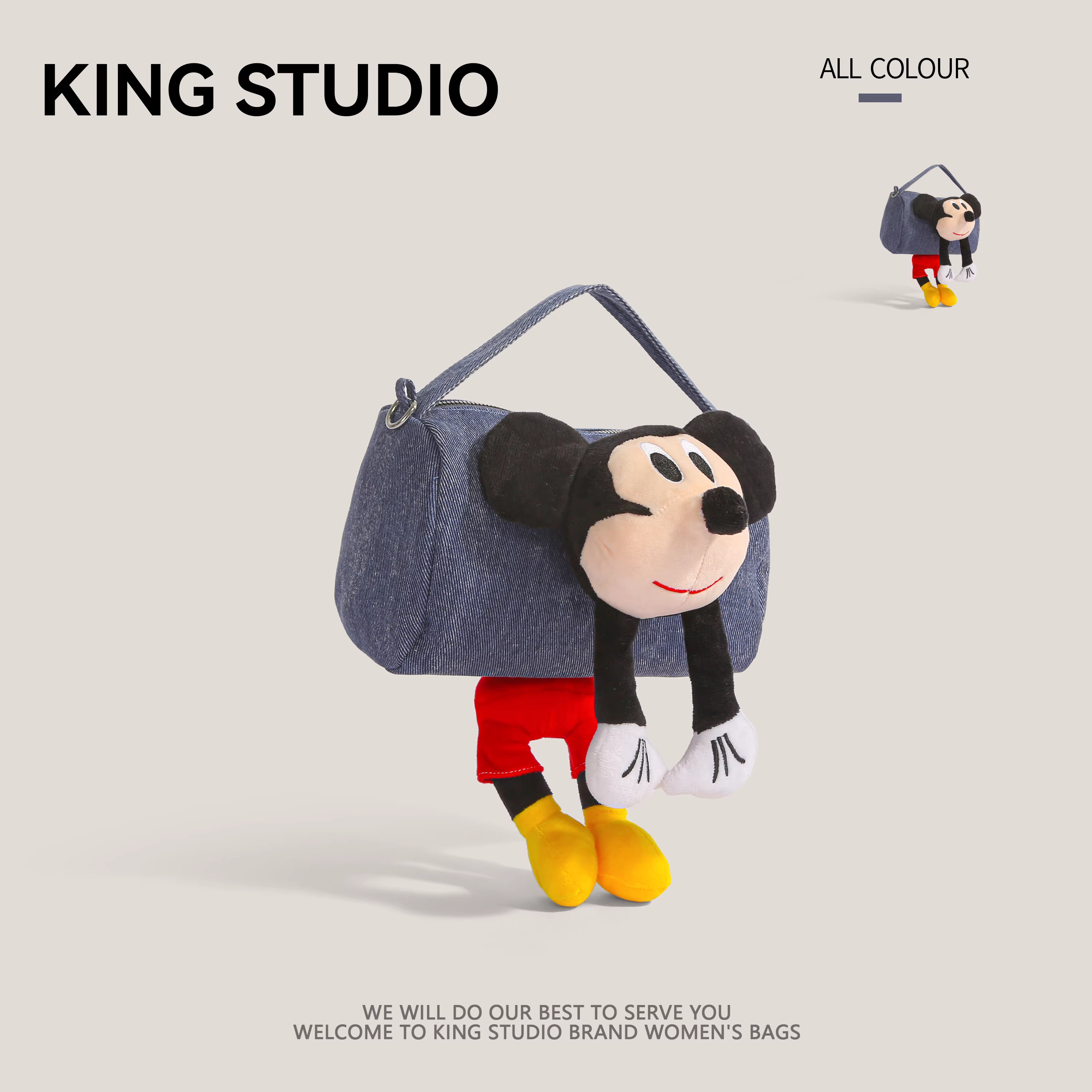 Túi vải bố denim hình chuột Mickey hoạt hình dễ thương dành cho nữ, mẫu mới 2025, túi đeo chéo đa năng, có dây xích