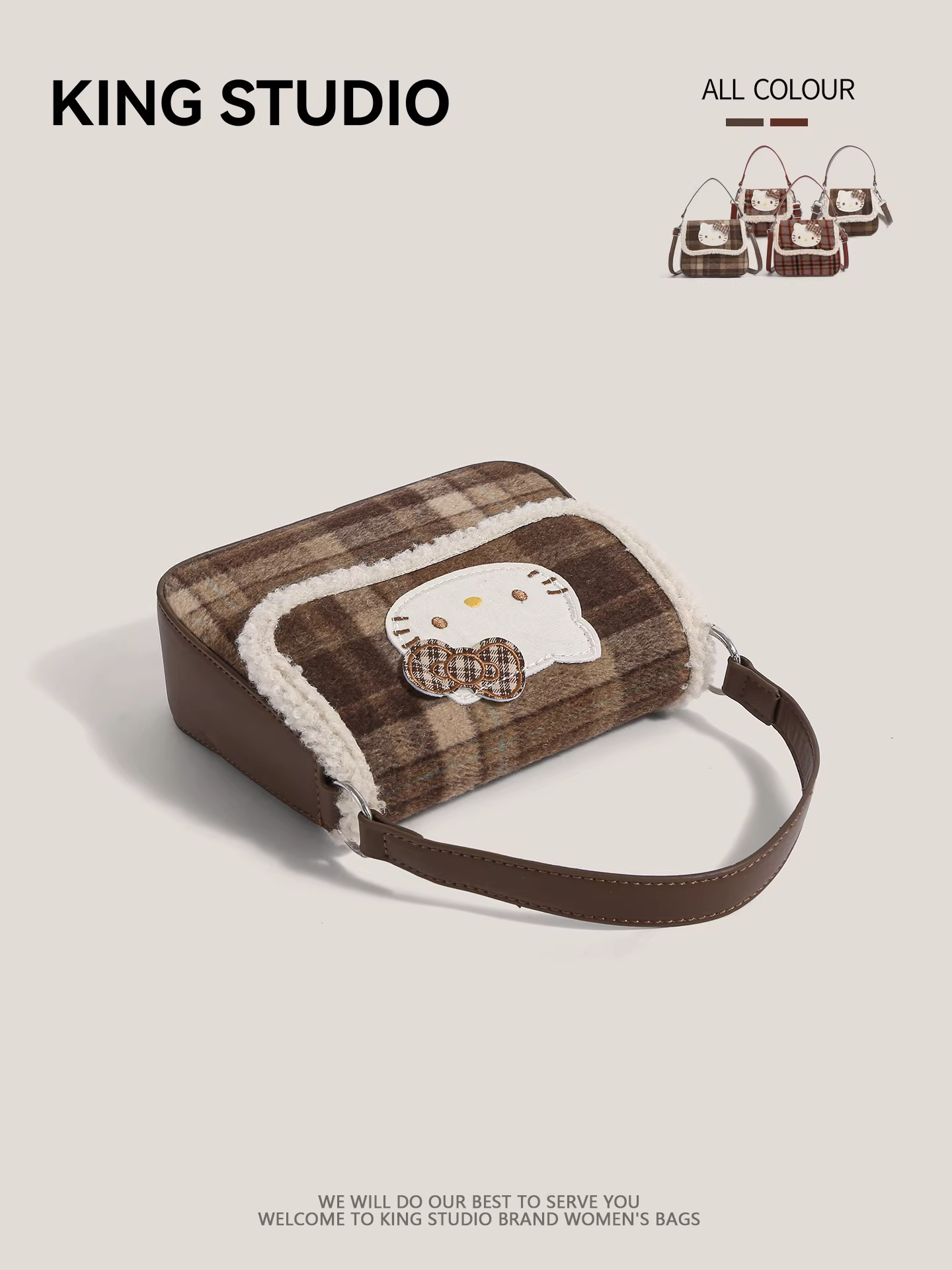 Túi len kẻ caro Hello Kitty dễ thương dành cho nữ, mẫu mới 2025, túi điện thoại mini hoạt hình Hello Kitty retro