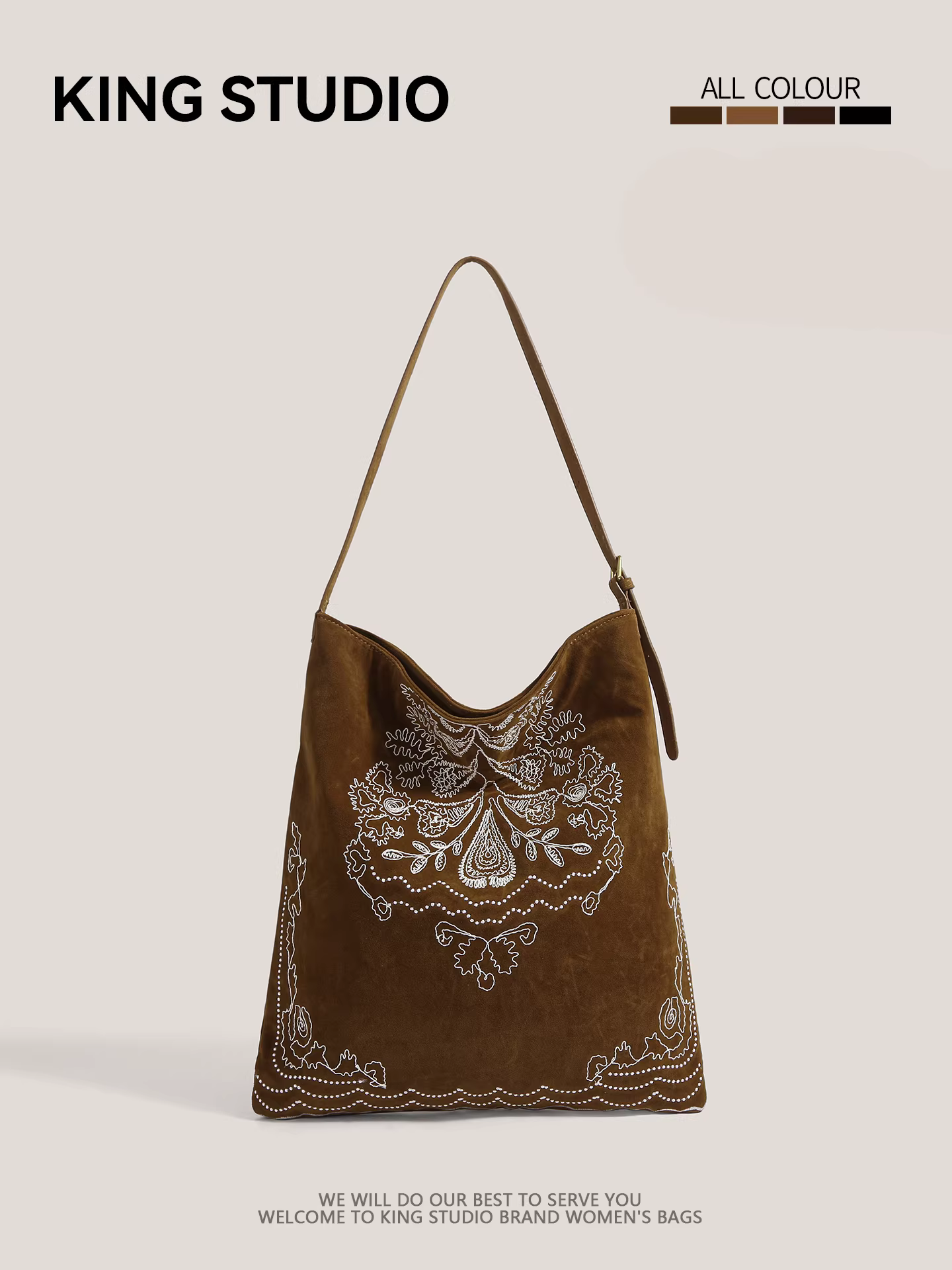 Túi đeo vai nữ thêu họa tiết dân tộc, dung tích lớn, chất liệu da lộn, kiểu dáng retro, mẫu mới thu đông 2025, túi tote đi làm