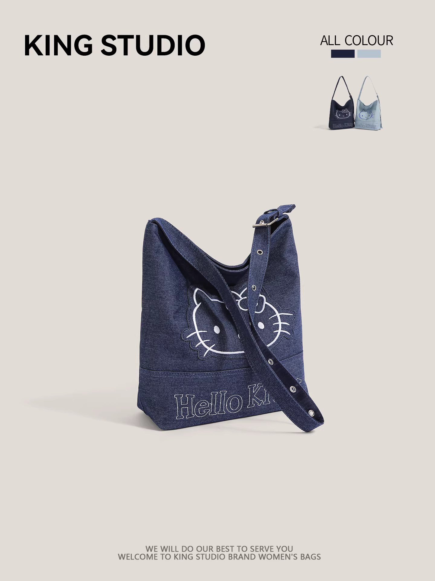 Túi đeo vai denim Hello Kitty hoạt hình dễ thương dành cho nữ, mẫu mới 2025, dung tích lớn, kiểu dáng xô