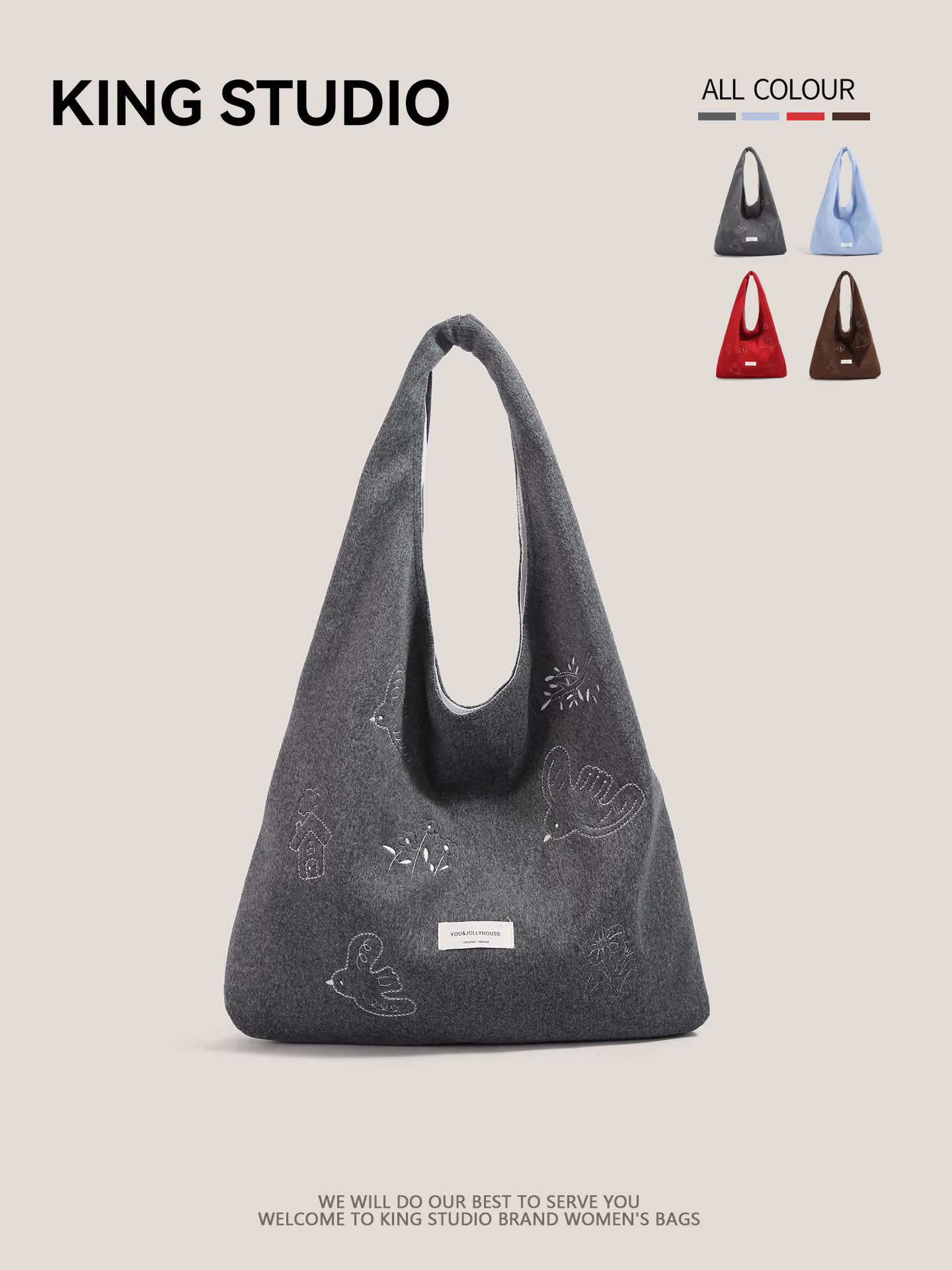 Túi tote len thêu chim dành cho nữ 2026, mẫu mới, phong cách retro, dung tích lớn, túi đeo vai, túi kẹp nách