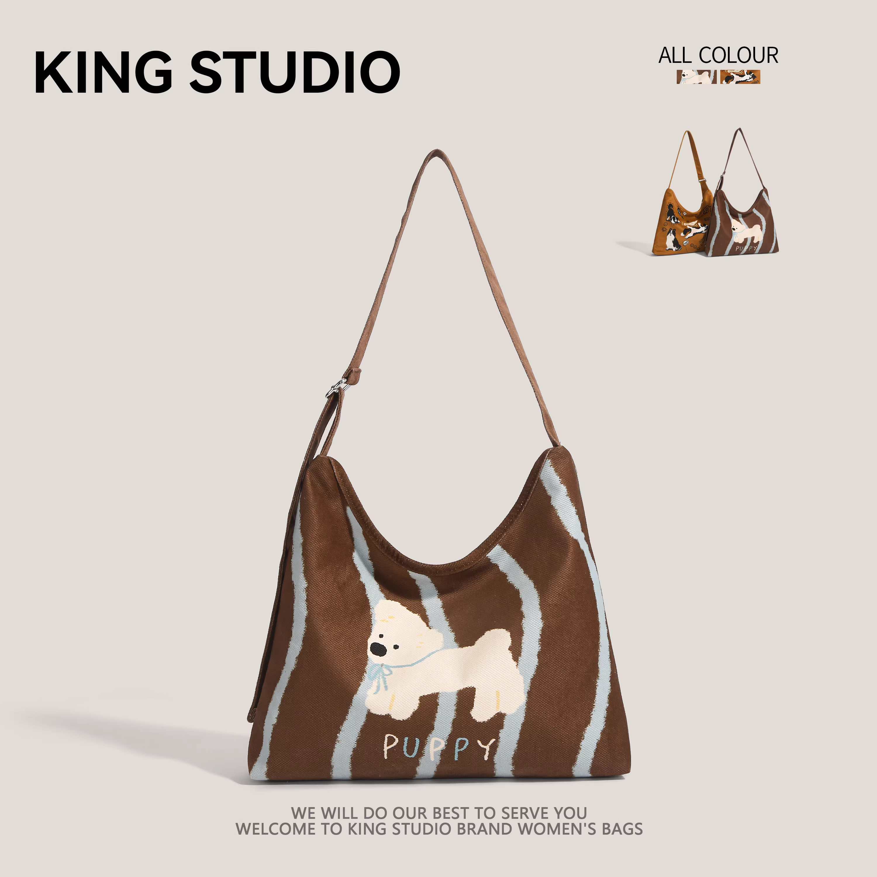 Túi đeo vai vải bố retro độc đáo dành cho nữ, mẫu mới 2025, thiết kế hình chó dễ thương, dung tích lớn, phong cách thường ngày, thích hợp đi làm.