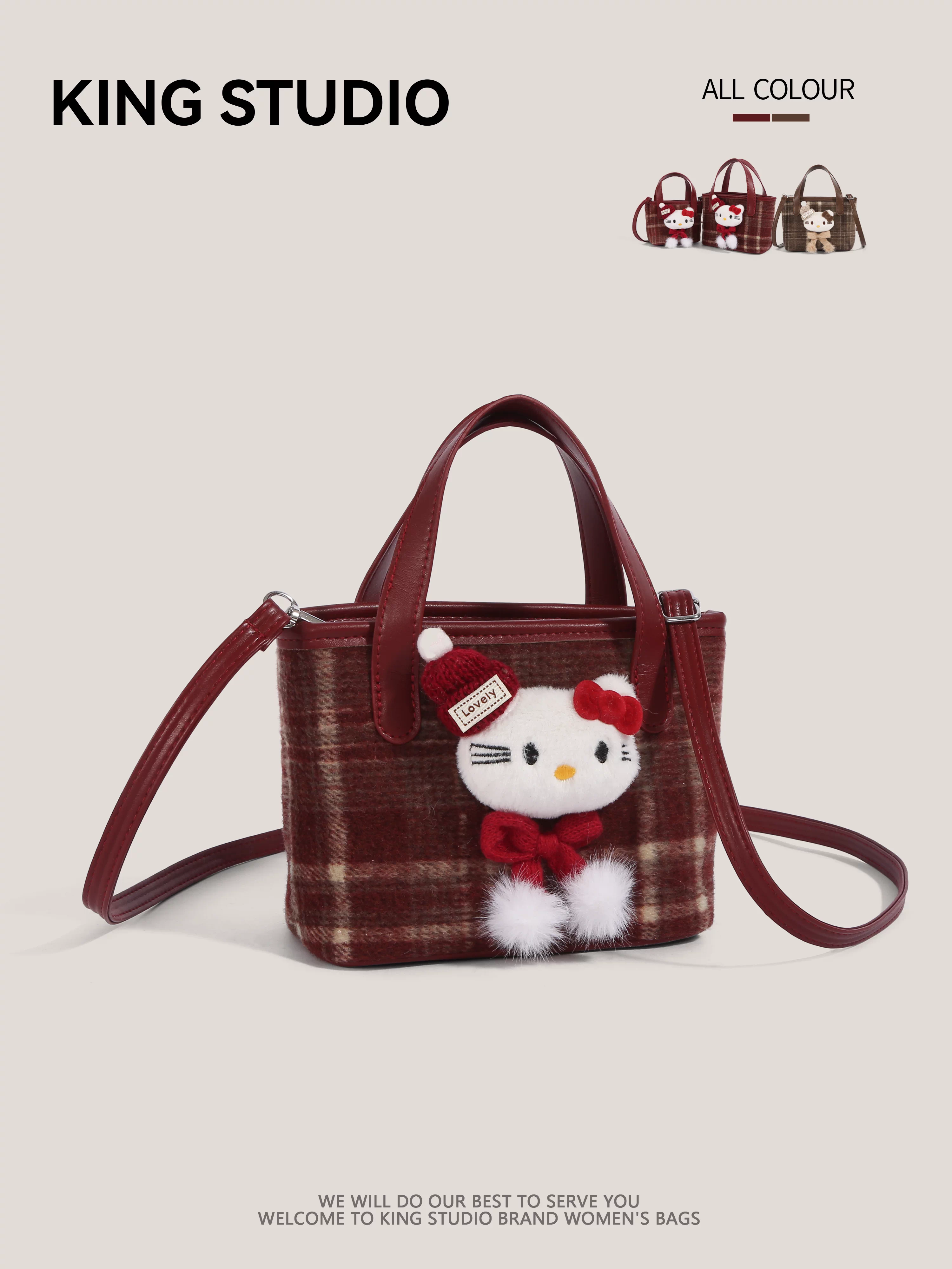 Túi xách Hello Kitty dễ thương dành cho nữ, kiểu mới 2026, chất liệu len kẻ caro hoạt hình, đeo vai/chéo