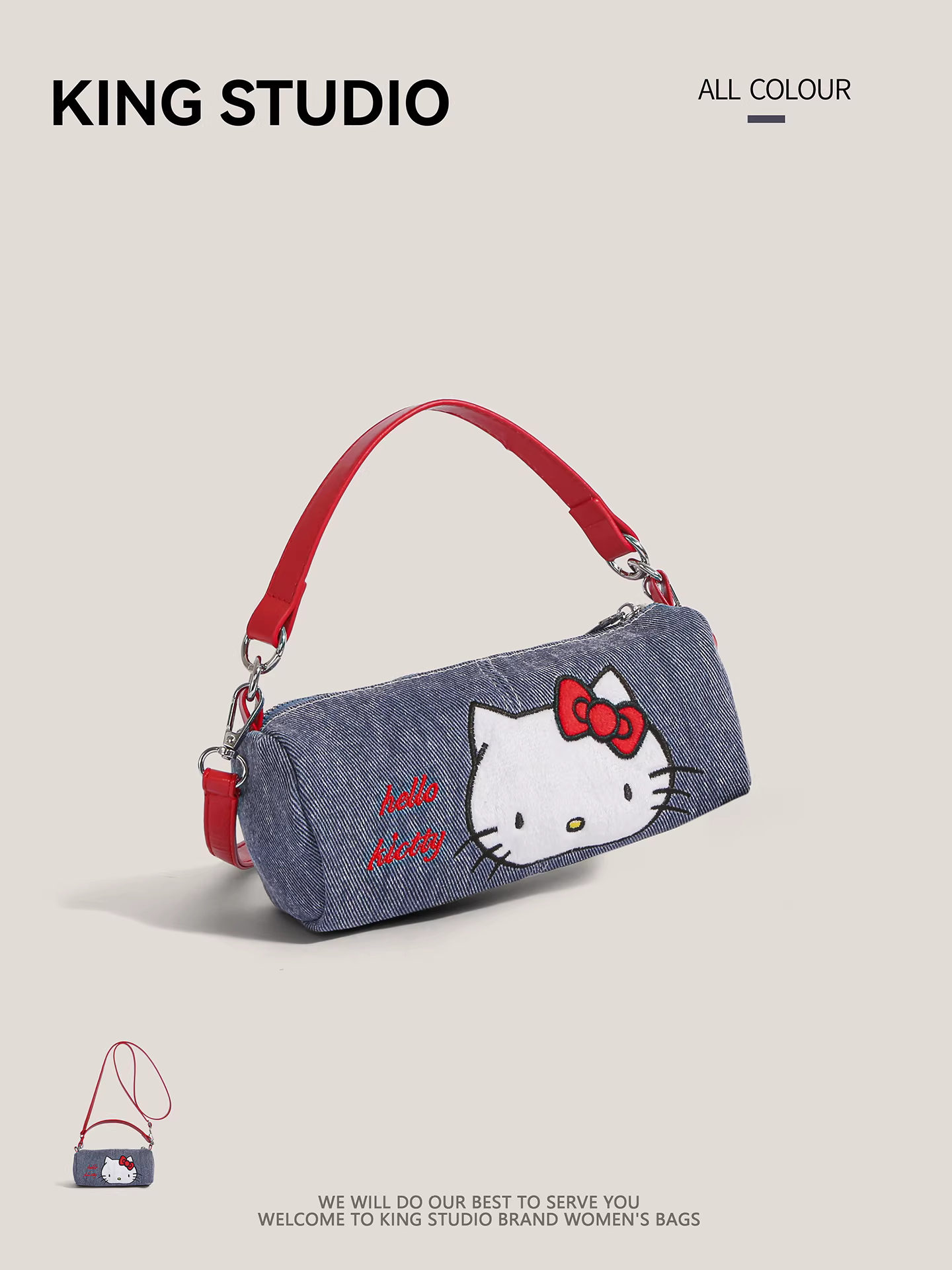 Túi denim Hello Kitty dành cho nữ 2025 mẫu mới dễ thương hoạt hình Hello Kitty hình trụ đeo vai đeo chéo