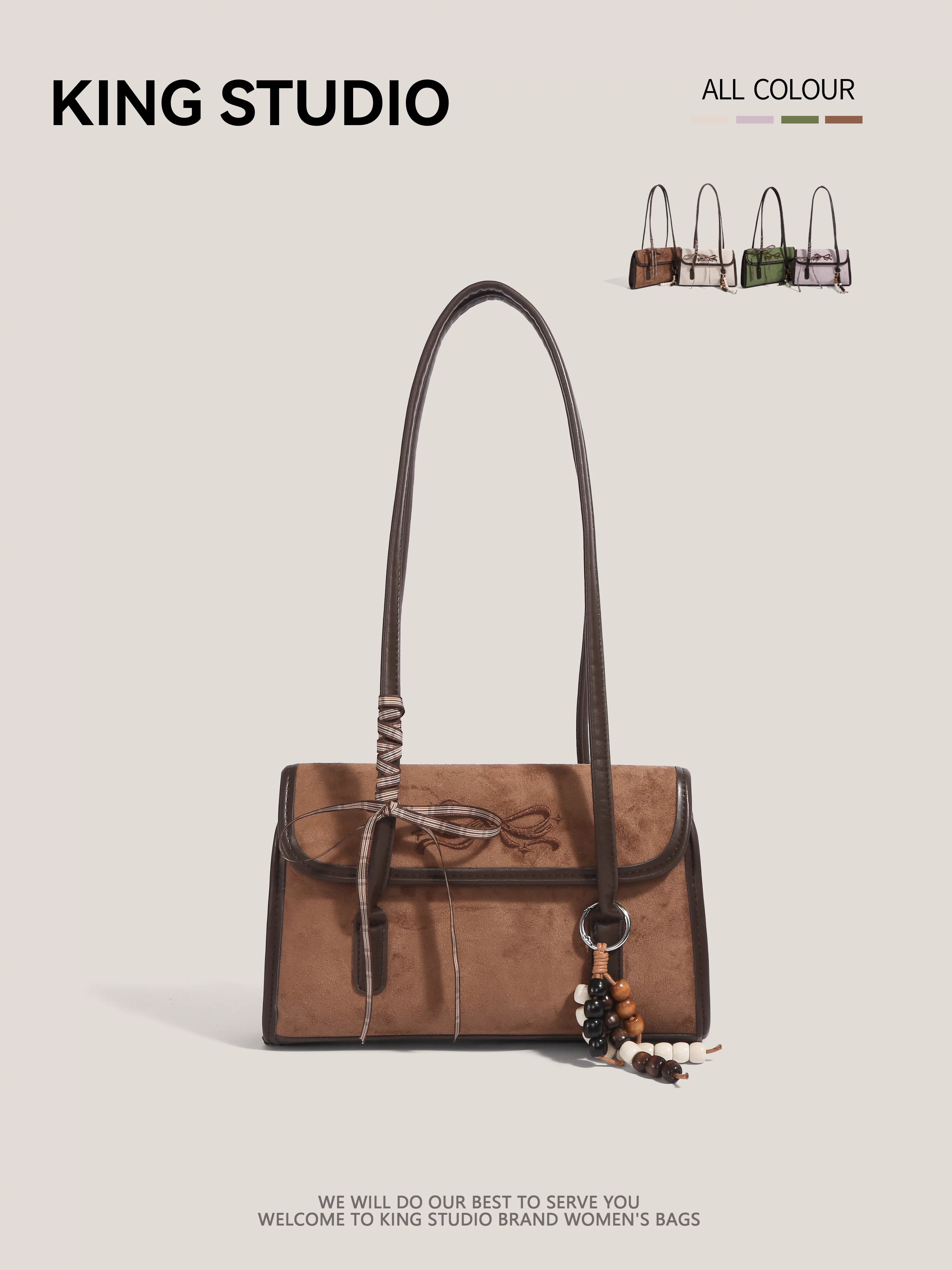 Túi xách da lộn Maillard cỡ lớn dành cho nữ, kiểu mới thu đông 2025, nơ retro, chất liệu mờ, đeo vai/nách