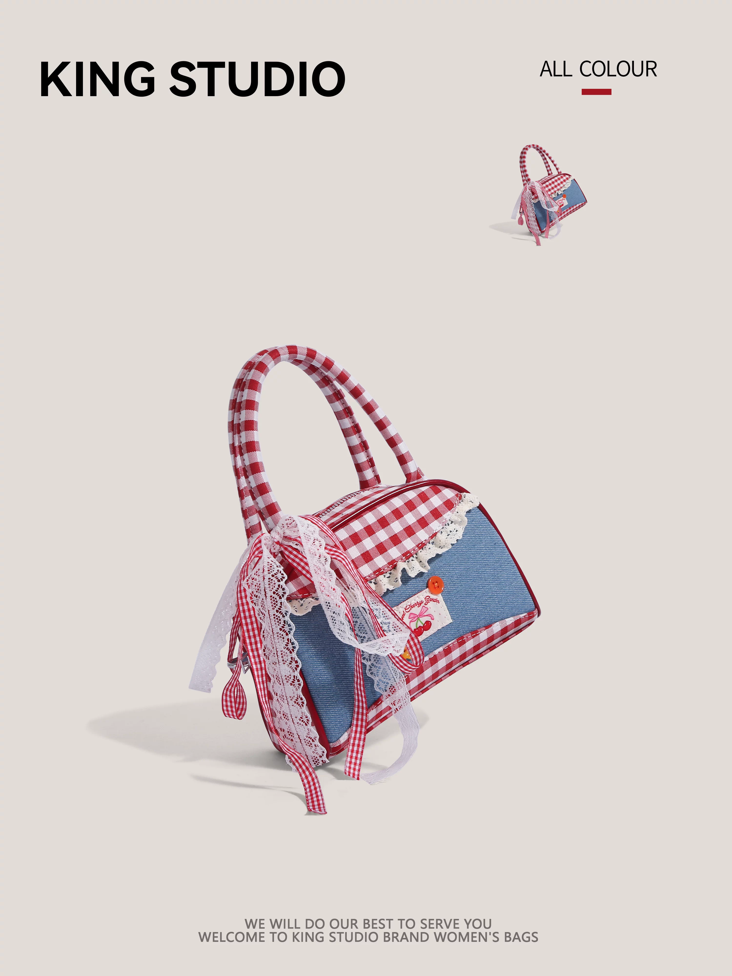 Túi xách bowling kẻ caro nơ denim thời trang nữ 2025 mới, đa năng, đeo vai, đeo chéo