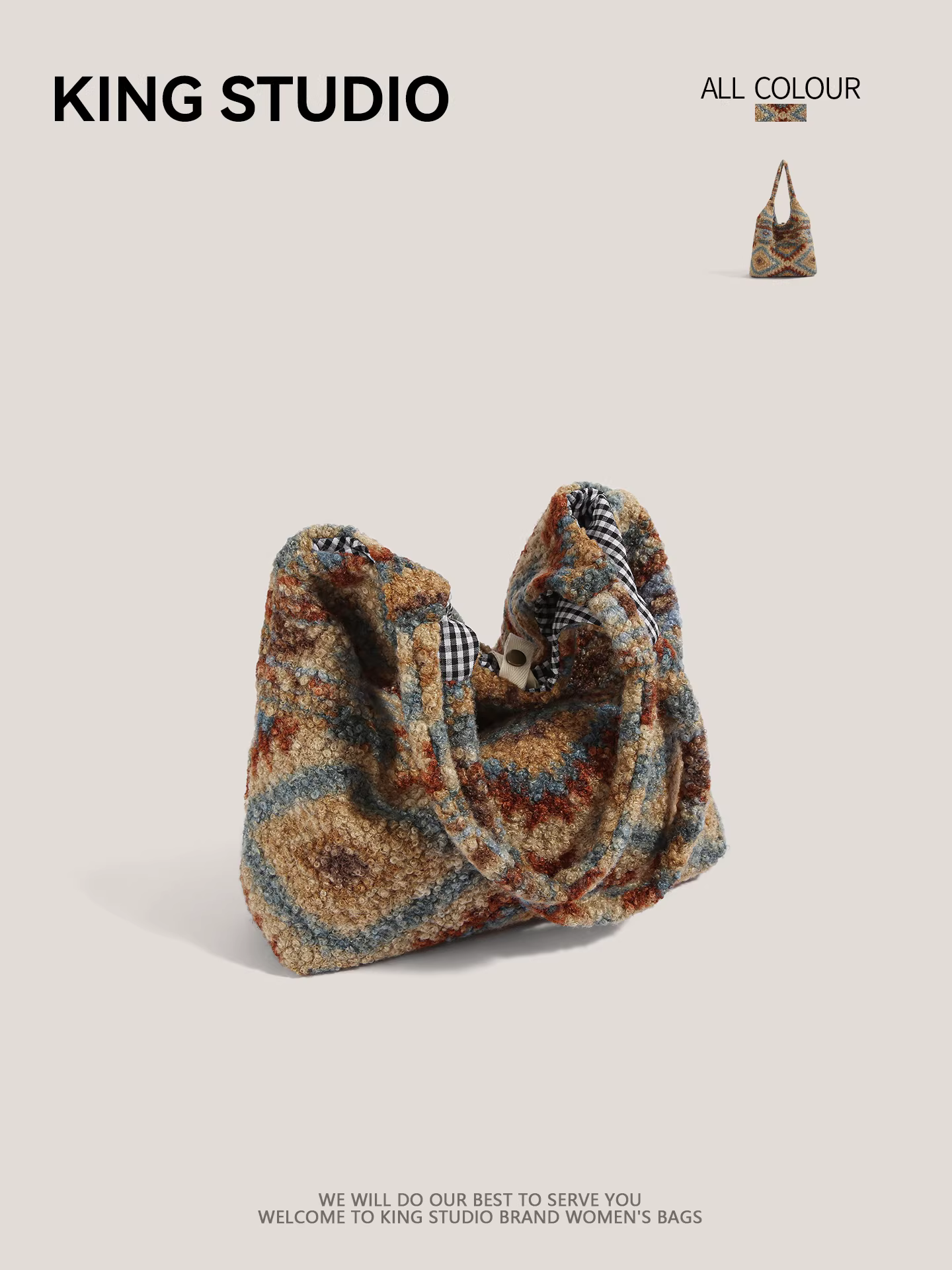 Túi đeo vai nữ phong cách dân tộc retro kẻ ca rô lông mềm, mẫu mới 2026, dung tích lớn, đa năng, kiểu dáng độc đáo