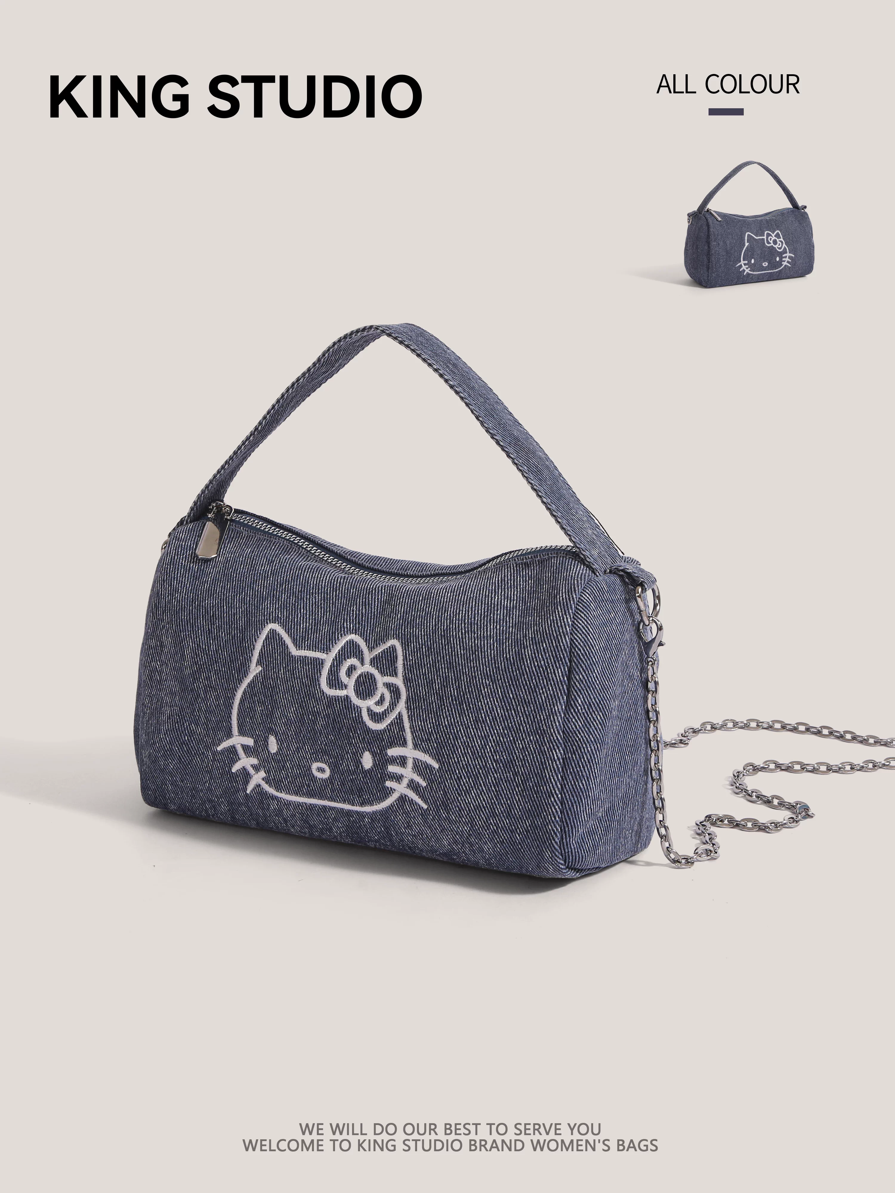 Túi denim Hello Kitty dành cho nữ, túi xách đeo chéo hình Hello Kitty hoạt hình dễ thương, túi đeo vai