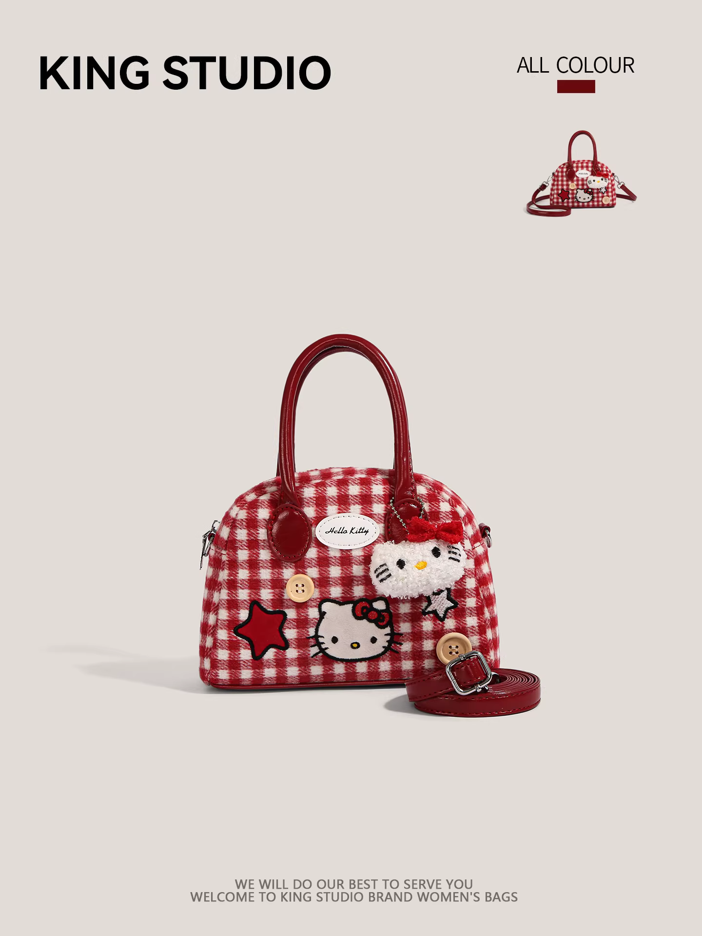Túi xách Hello Kitty dễ thương dành cho nữ, mẫu mới 2025, kiểu dáng độc đáo, túi đeo vai chéo kẻ caro, túi bowling mini