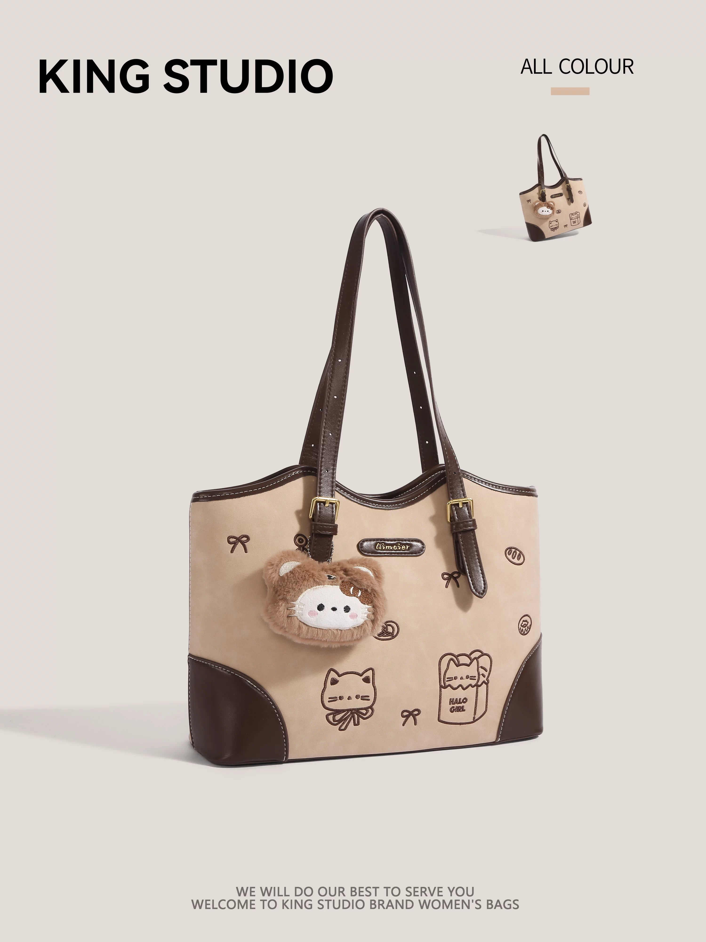 Túi tote hình mèo con dễ thương dành cho nữ, mẫu mới thu đông 2025, hoạt hình đa năng, túi đeo vai, dung tích lớn, túi đi làm