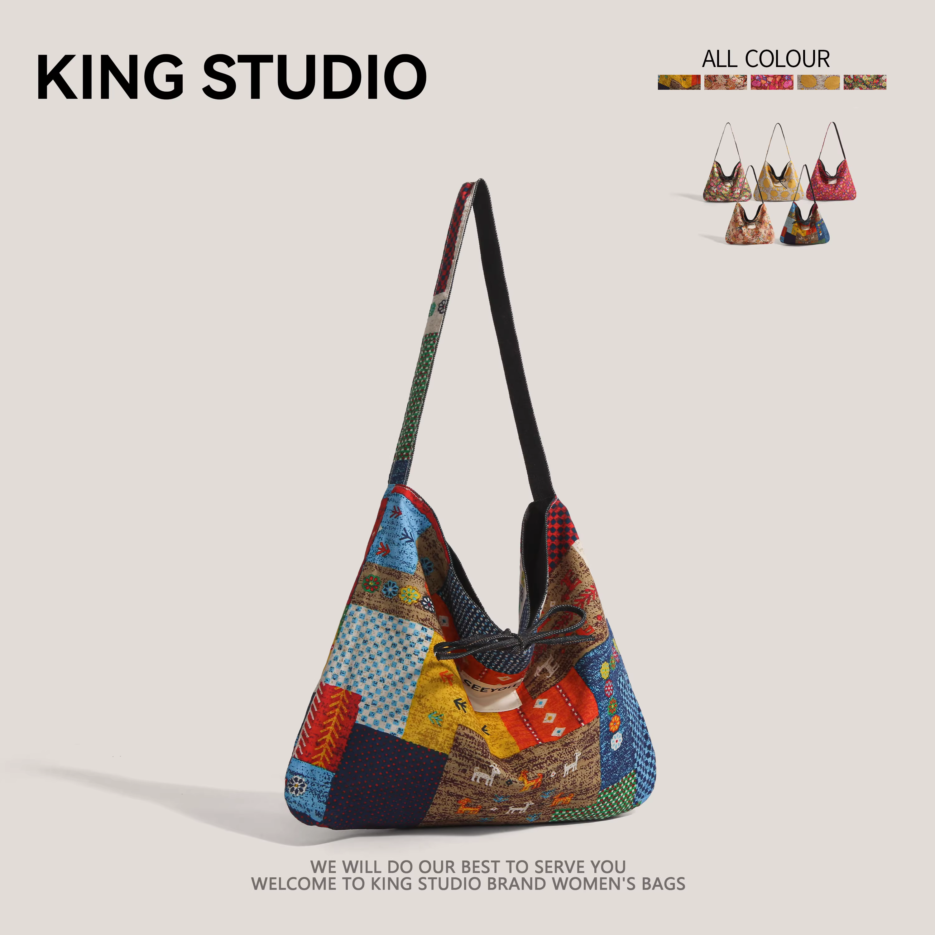 Túi đeo chéo nữ chất liệu denim phối màu tương phản phong cách retro dân tộc kiểu mới xuân hè 2025, túi vải bố hai mặt