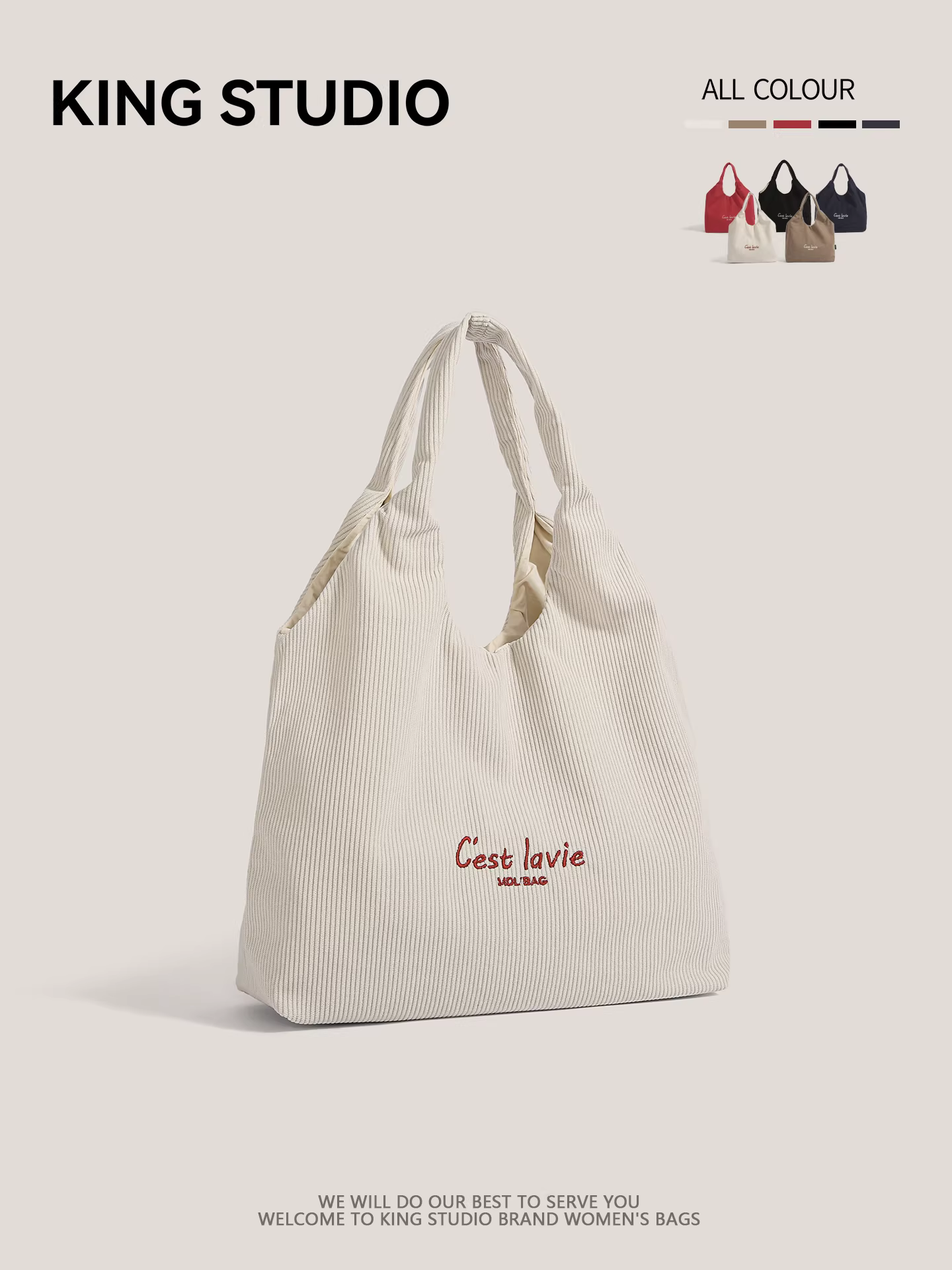 Túi tote thêu chữ chất liệu vải gân dành cho nữ, mẫu mới thu đông 2025, dung tích lớn, tiện dụng, túi đeo vai đa năng