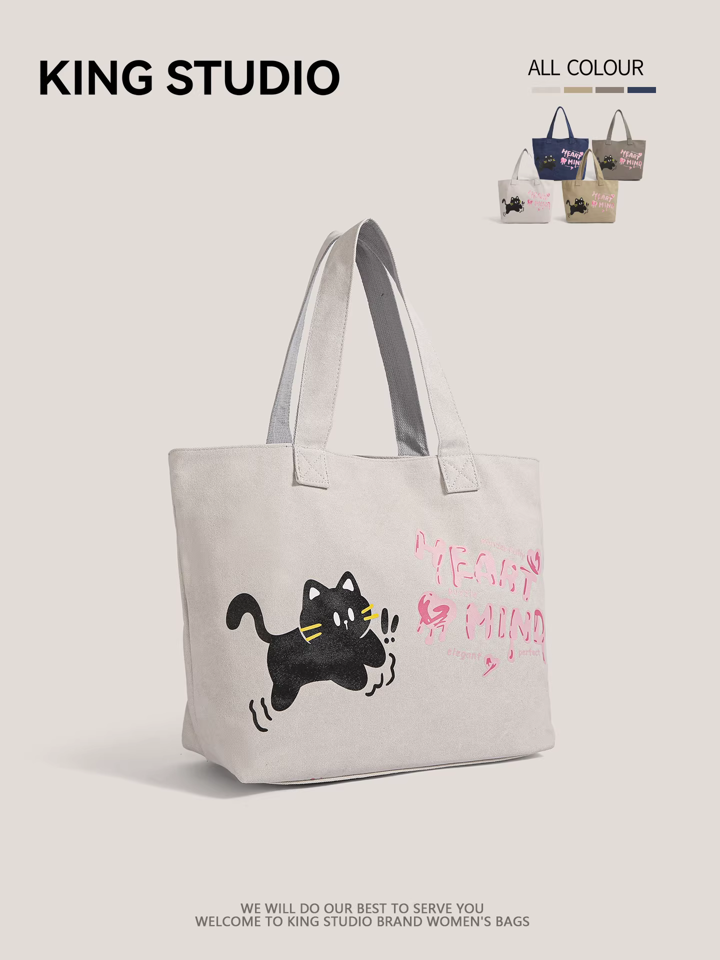 Túi vải canvas hình mèo hoạt hình dễ thương dành cho nữ, mẫu mới 2025, túi đeo vai dung tích lớn, thích hợp đi học và đi làm, túi tote, túi xách tay