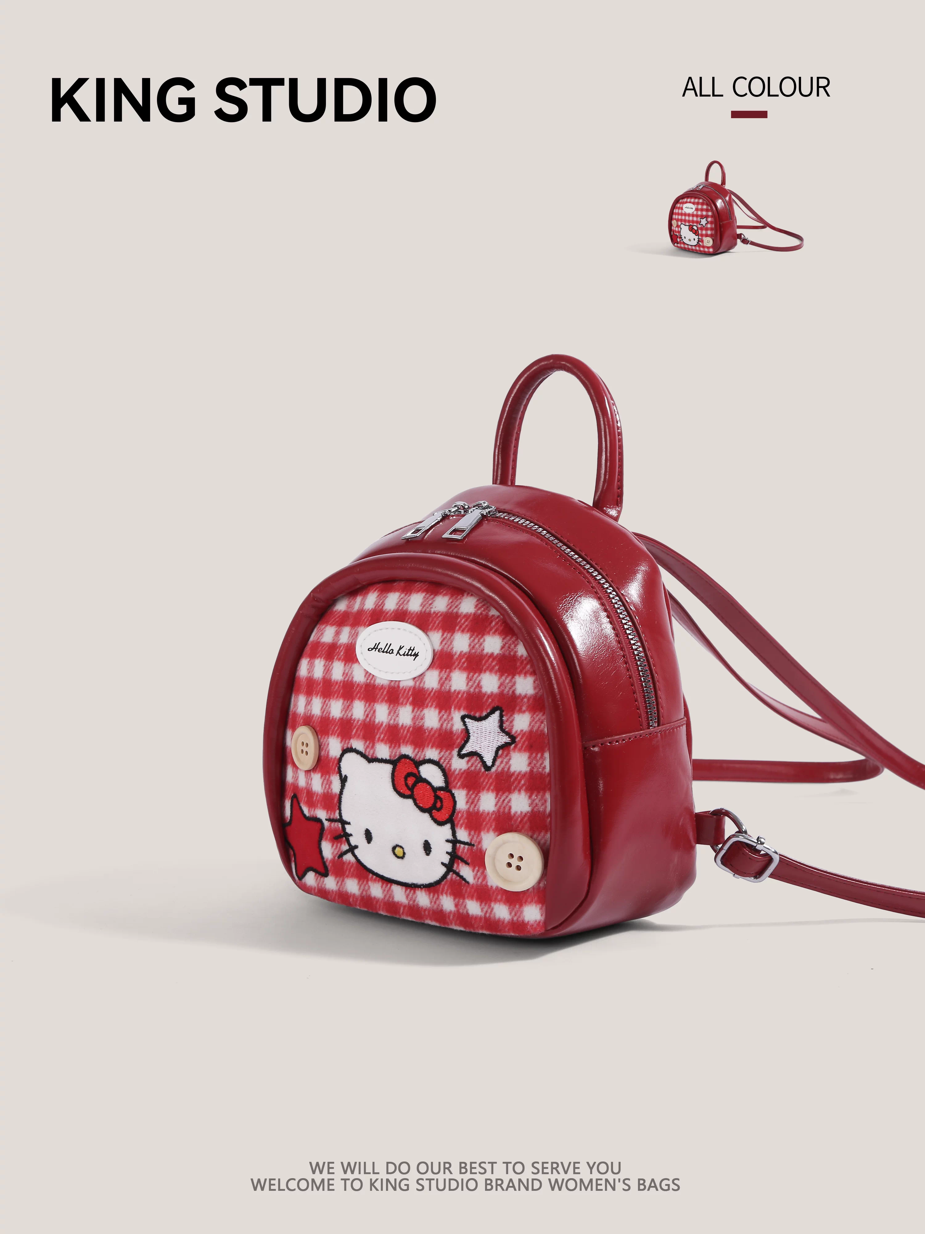 Ba lô Hello Kitty dễ thương dành cho nữ, mẫu mới 2026, họa tiết hoạt hình Hello Kitty độc đáo, ba lô mini kẻ caro dành cho học sinh