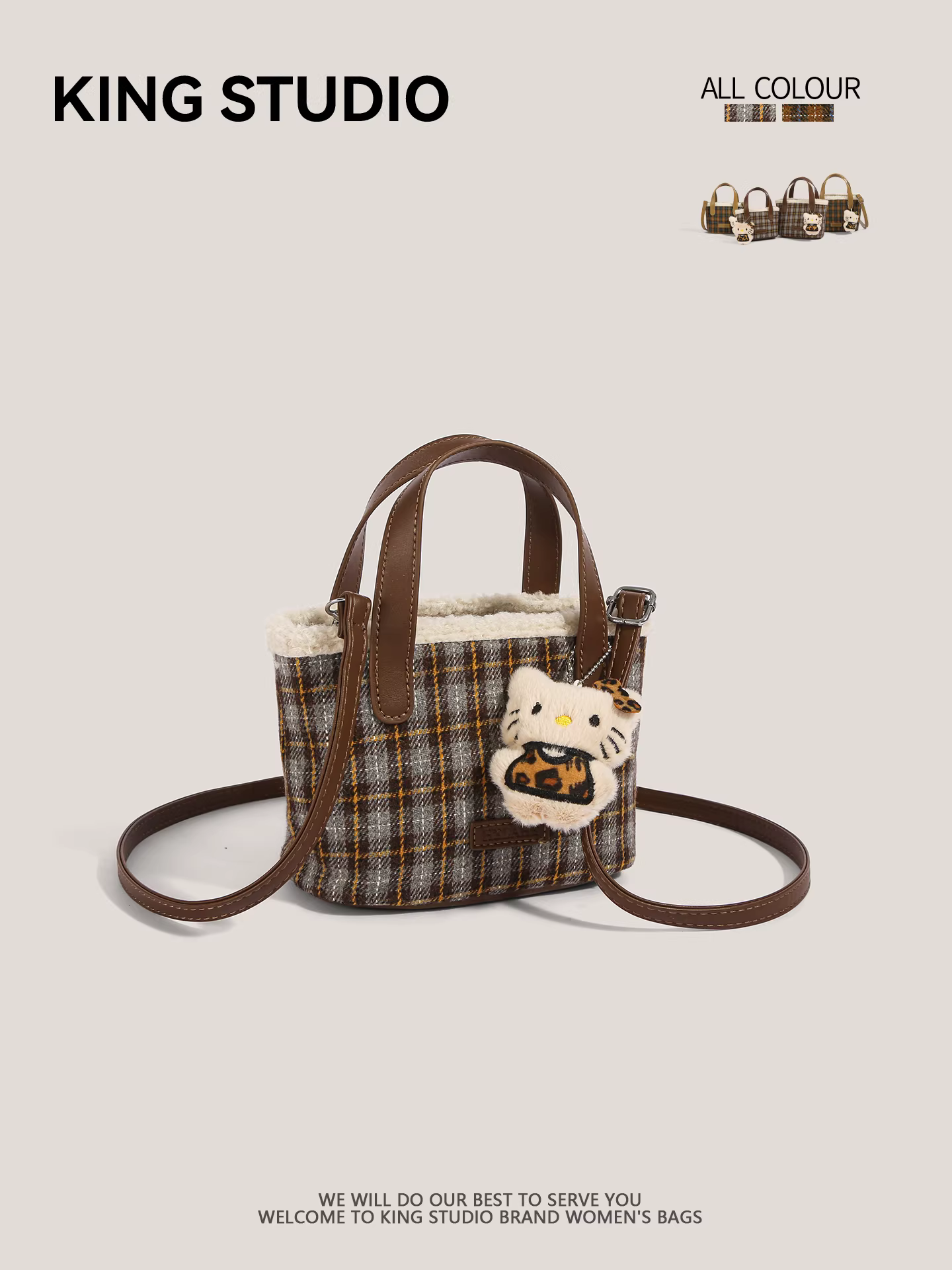 Túi xách len kẻ caro hình mèo hoạt hình dễ thương dành cho nữ, mẫu mới 2026, thời thượng, đa năng, nhỏ gọn, đeo vai, đeo chéo