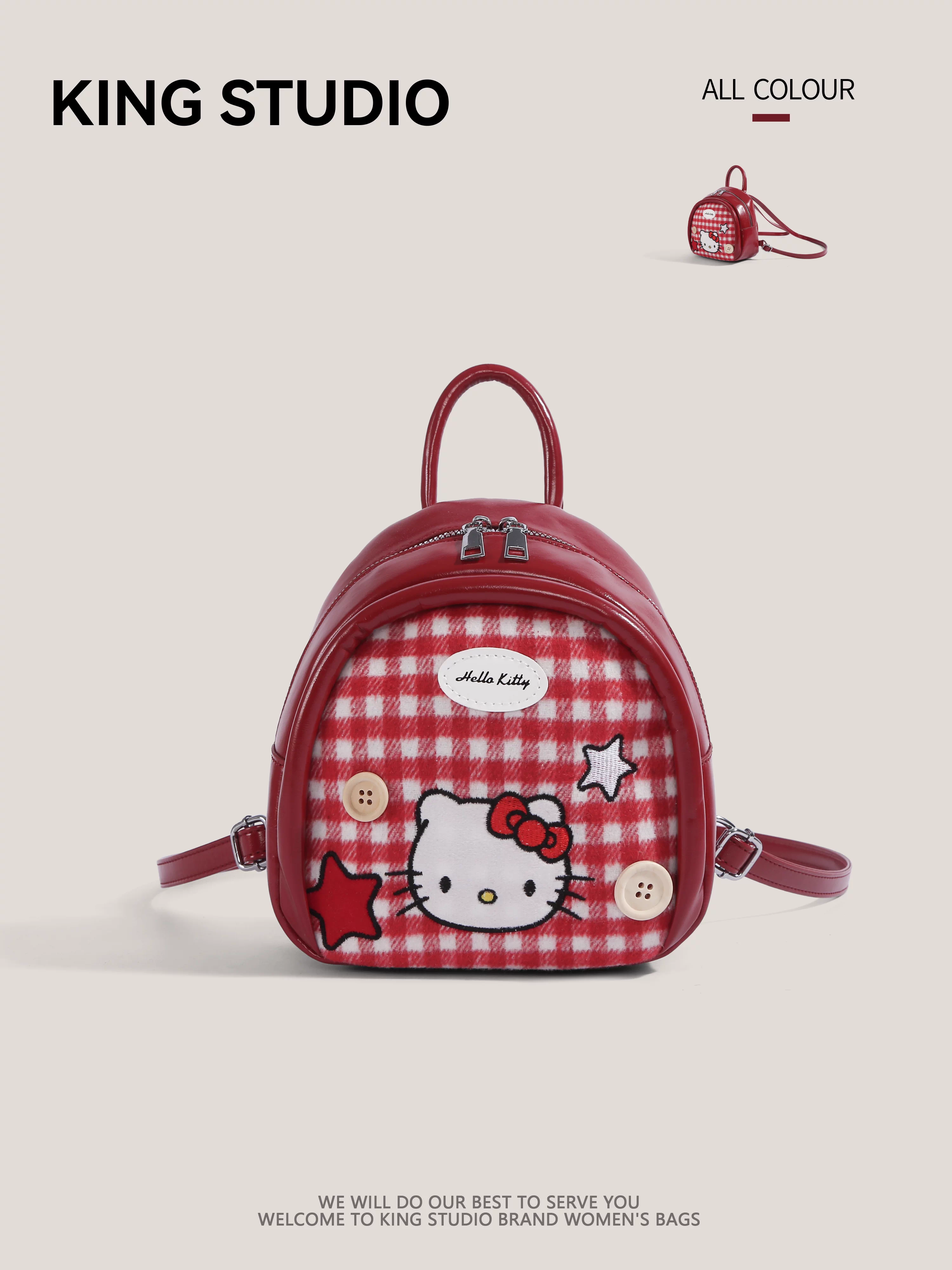Ba lô Hello Kitty dễ thương dành cho nữ, mẫu mới 2026, họa tiết hoạt hình Hello Kitty độc đáo, ba lô mini kẻ caro dành cho học sinh
