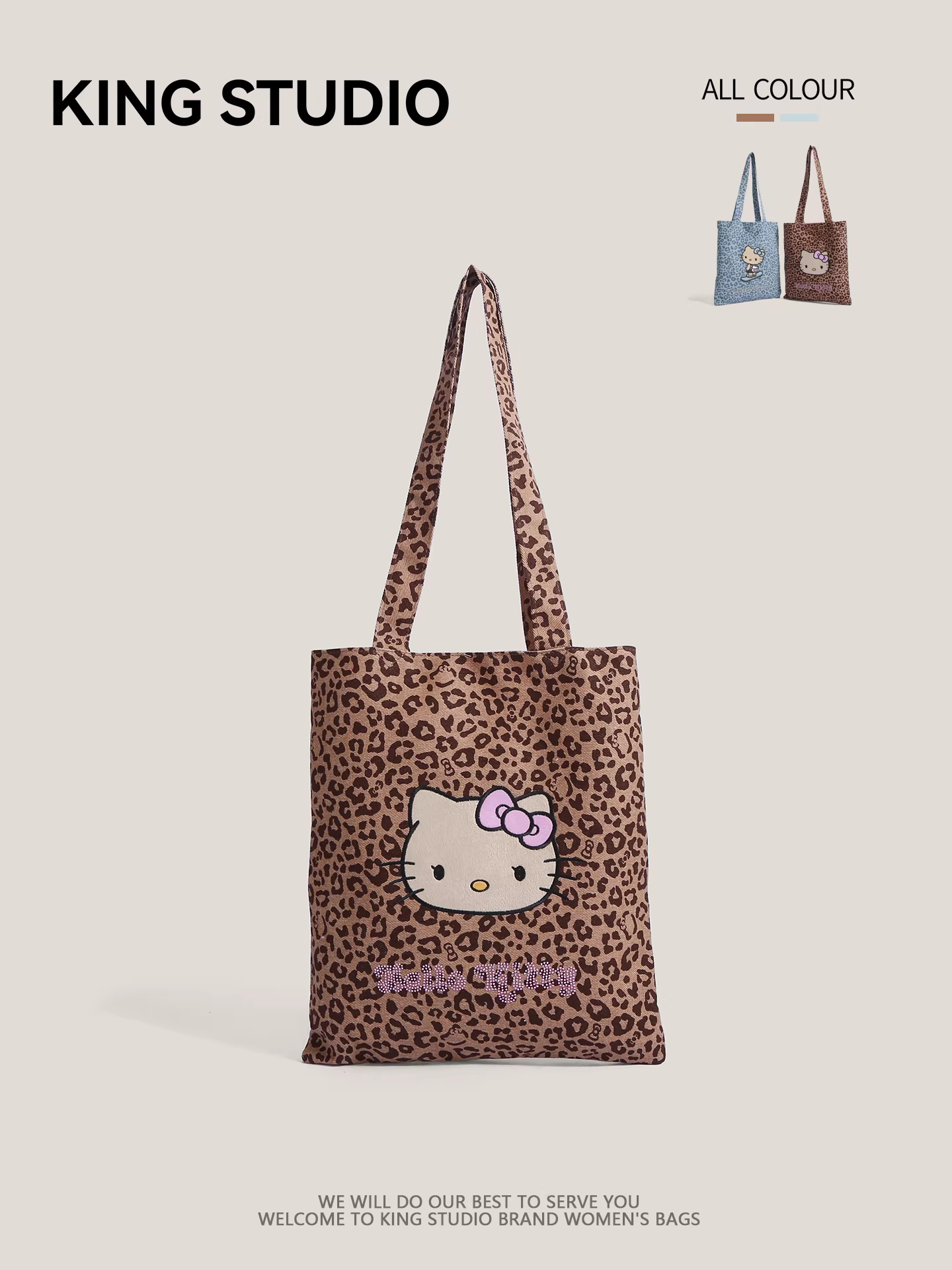 Túi vải canvas Hello Kitty dễ thương dành cho nữ, túi tote đính đá, túi đeo vai học sinh dung tích lớn, túi mua sắm