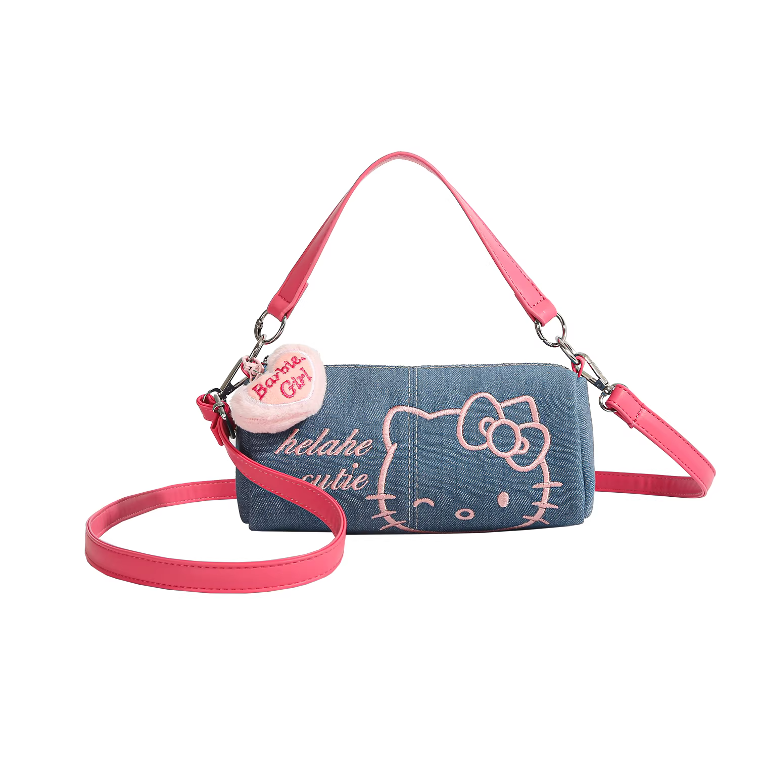 Túi Hello Kitty dành cho nữ mẫu mới 2025, túi denim Hello Kitty độc đáo, túi hình trụ, đeo vai, đeo chéo